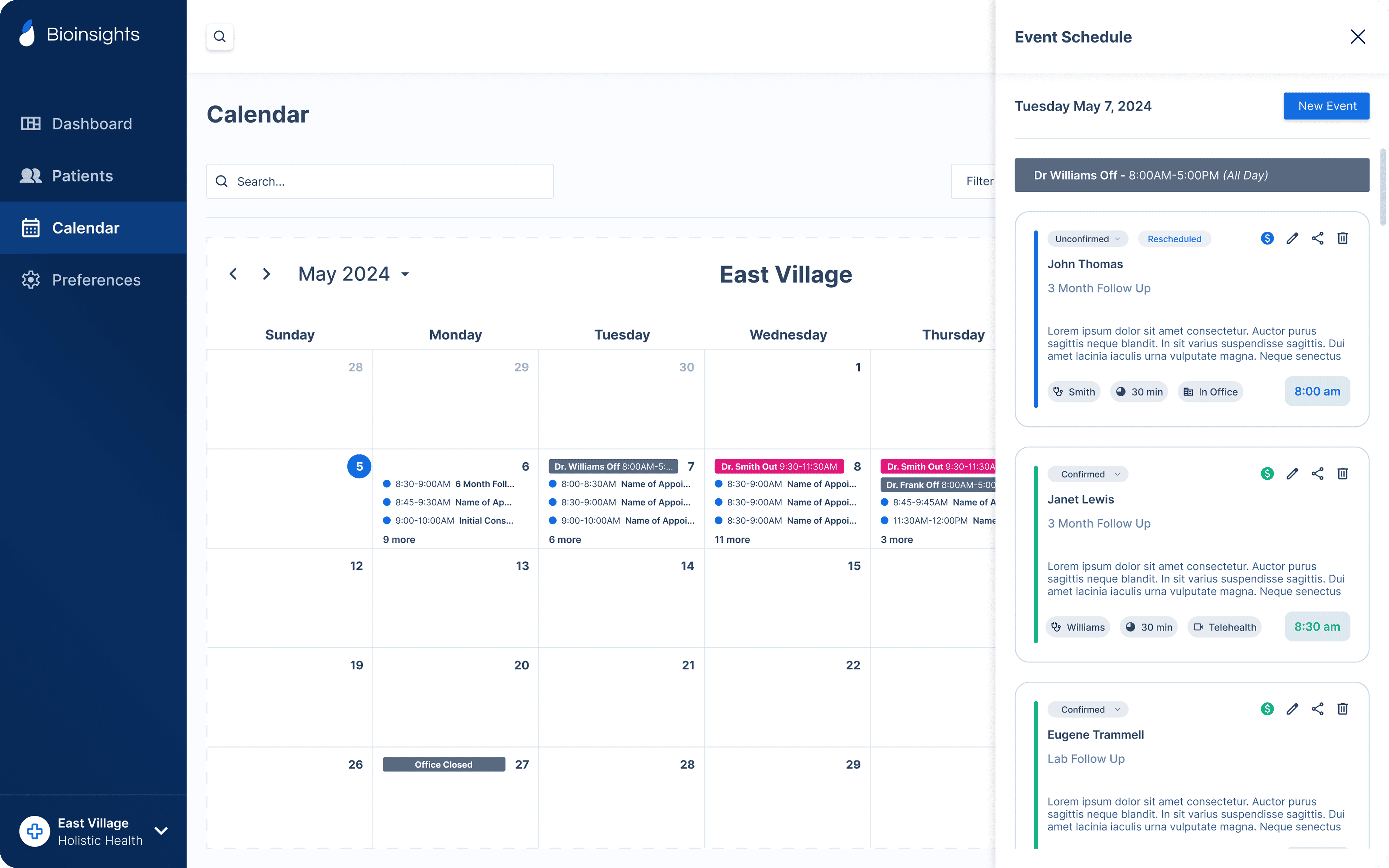 Calendar feature of a modern medical web platform.