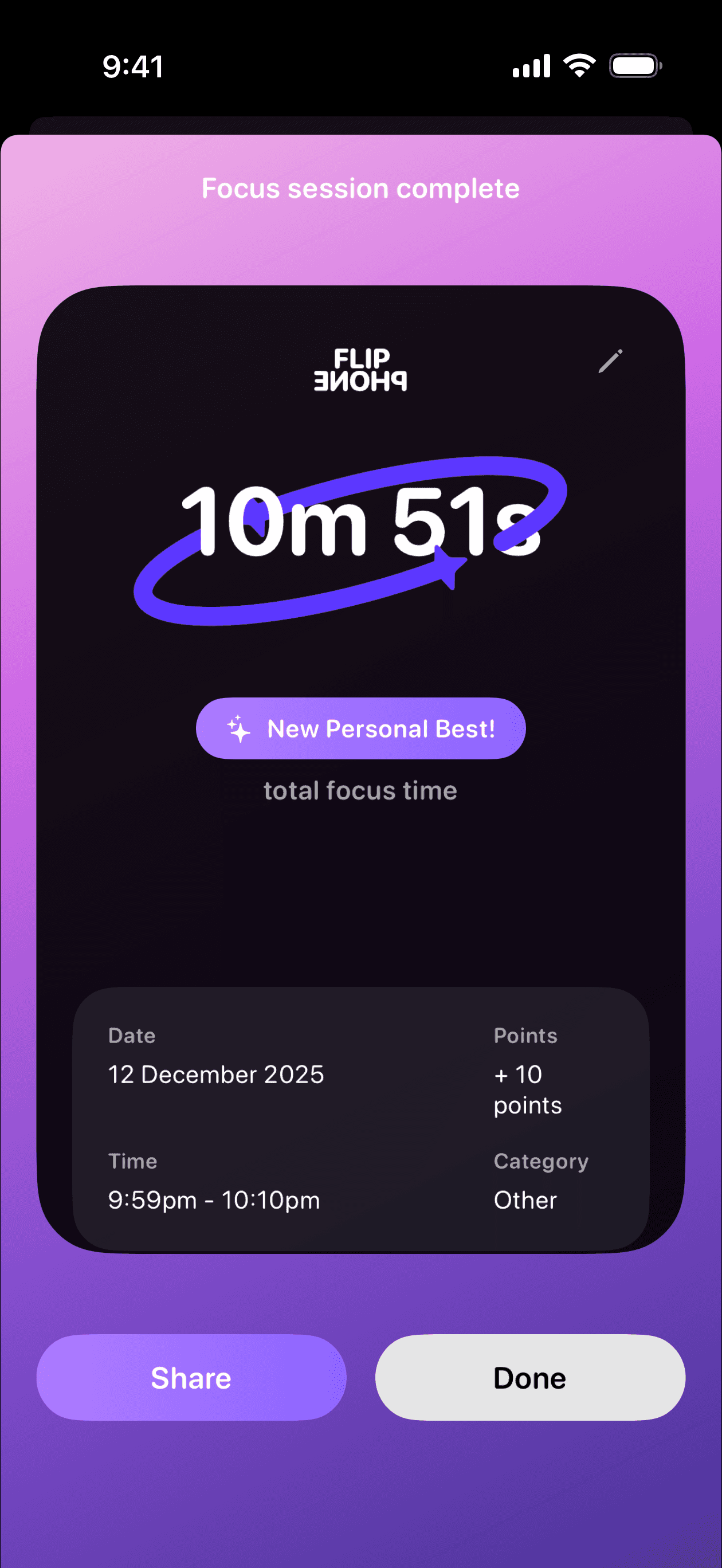 FlipPhone focus session complete page