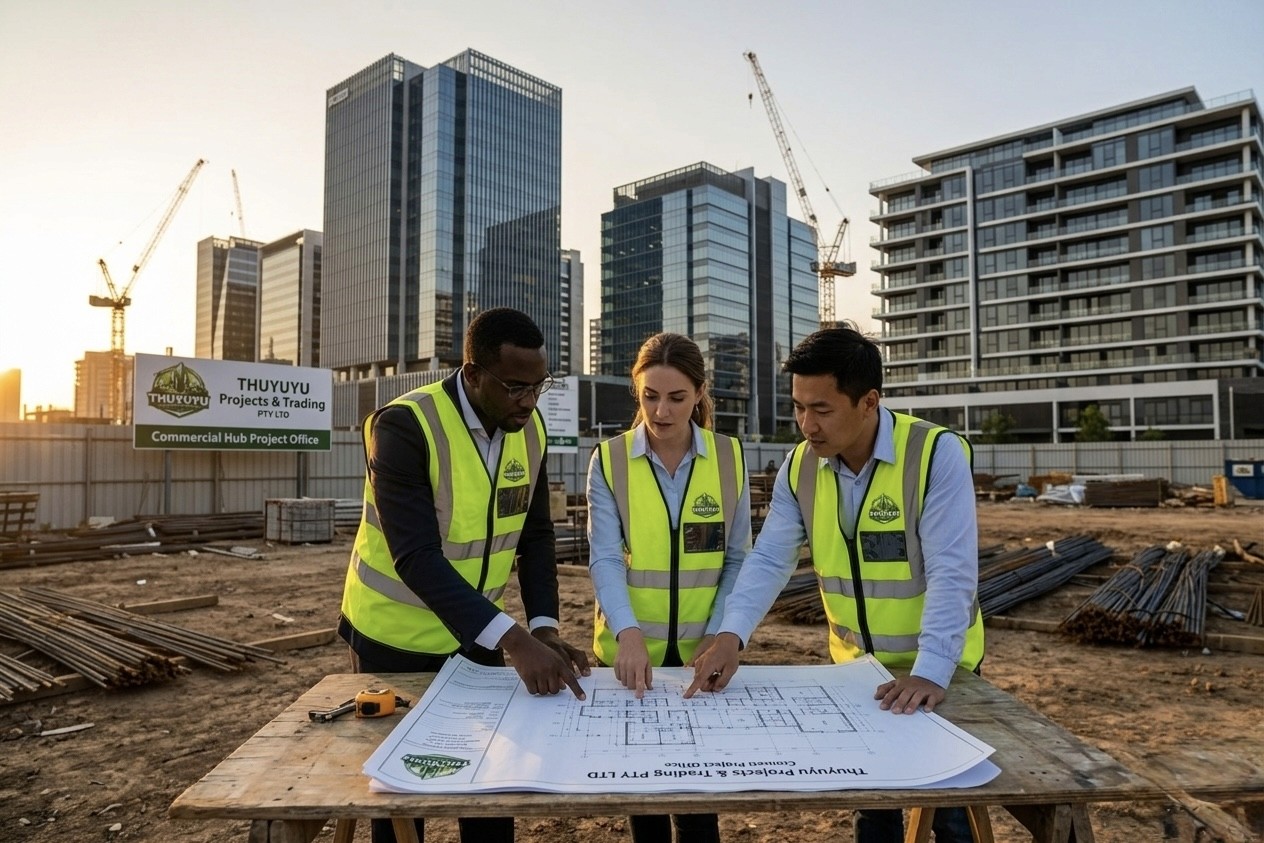 Group of four construction professionals in safety vests and helmets smiling and shaking hands on a worksite, conveying teamwork and collaboration.