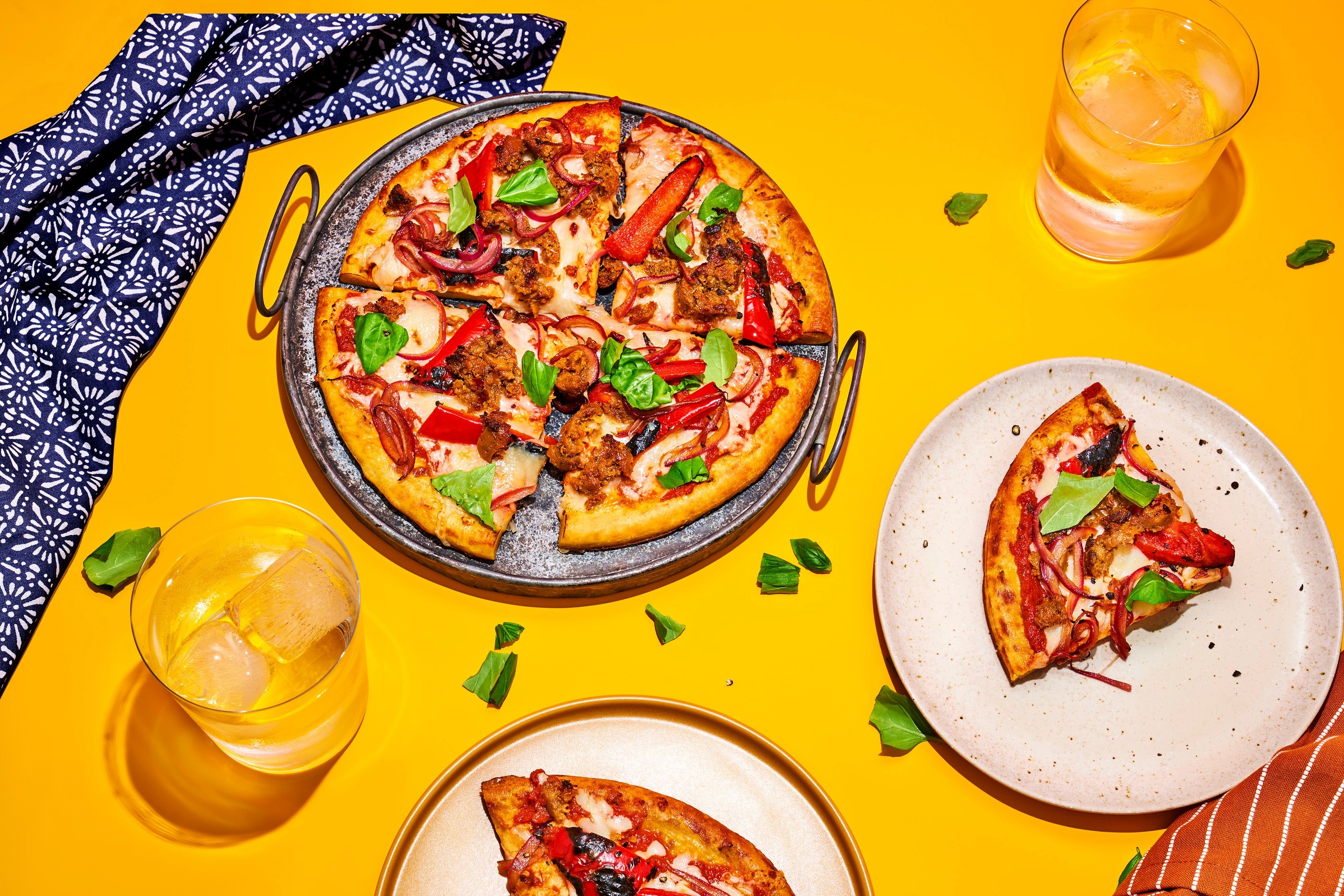 Pizza, yellow tabletop
