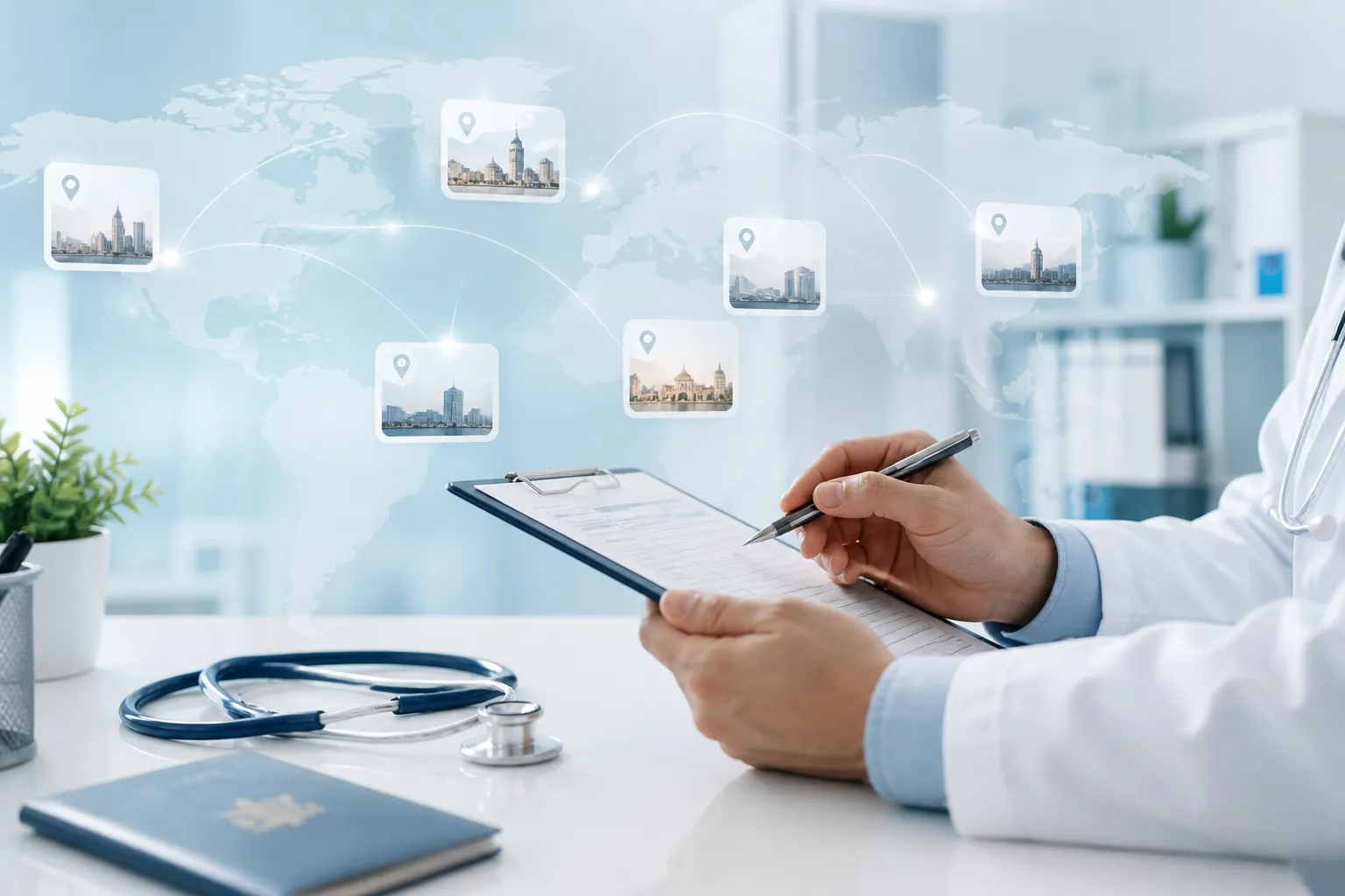 immigration panel physician writing on clipboard in front of superimposed map of countries