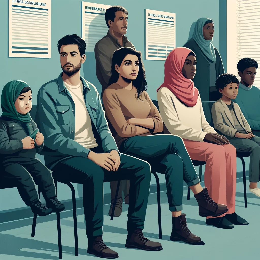 A diverse group of individuals from different backgrounds, depicted waiting in a line or sitting in a waiting area, representing asylum seekers awaiting their legal consultations.