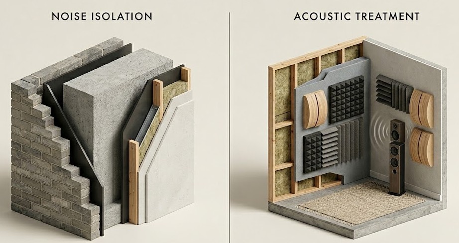 Soundproofing vs acoustic treatment visualization