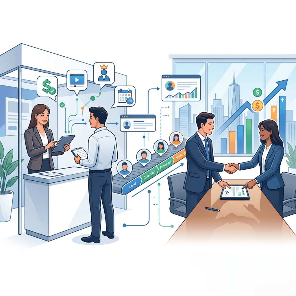 Habsy visualizing the journey from trade show lead capture and intent signal qualification to a successful business deal, showing how prioritized follow-up helps convert prospects into customers.