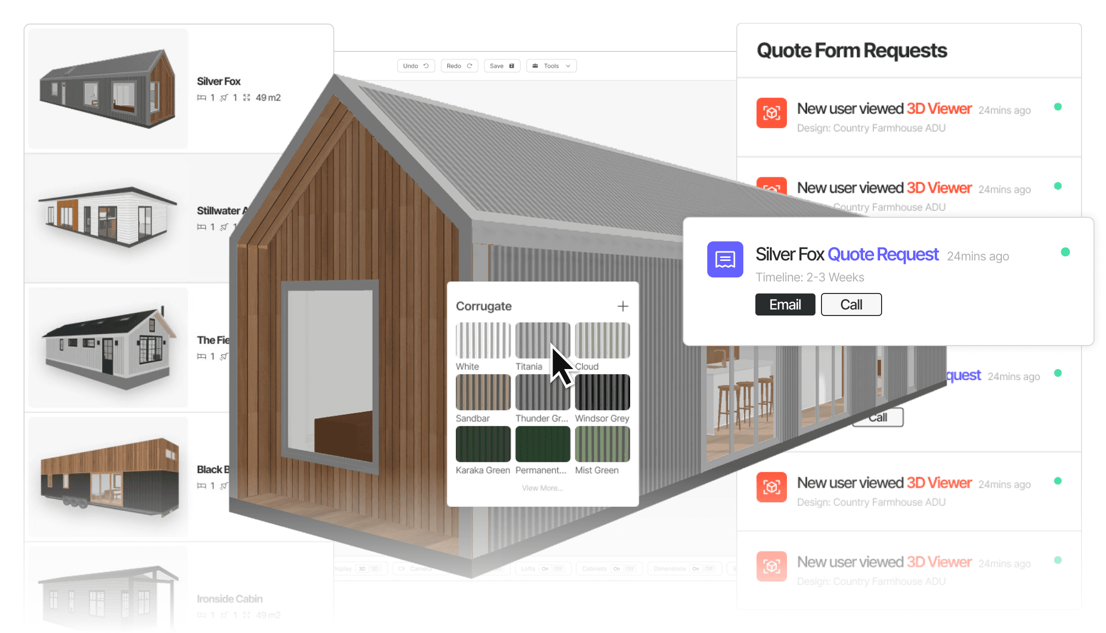 Preview of Tiny Easy's software showcasing the 3D Design Portfolio Viewer, 3D Configurator & AI Renders for your sales workflow