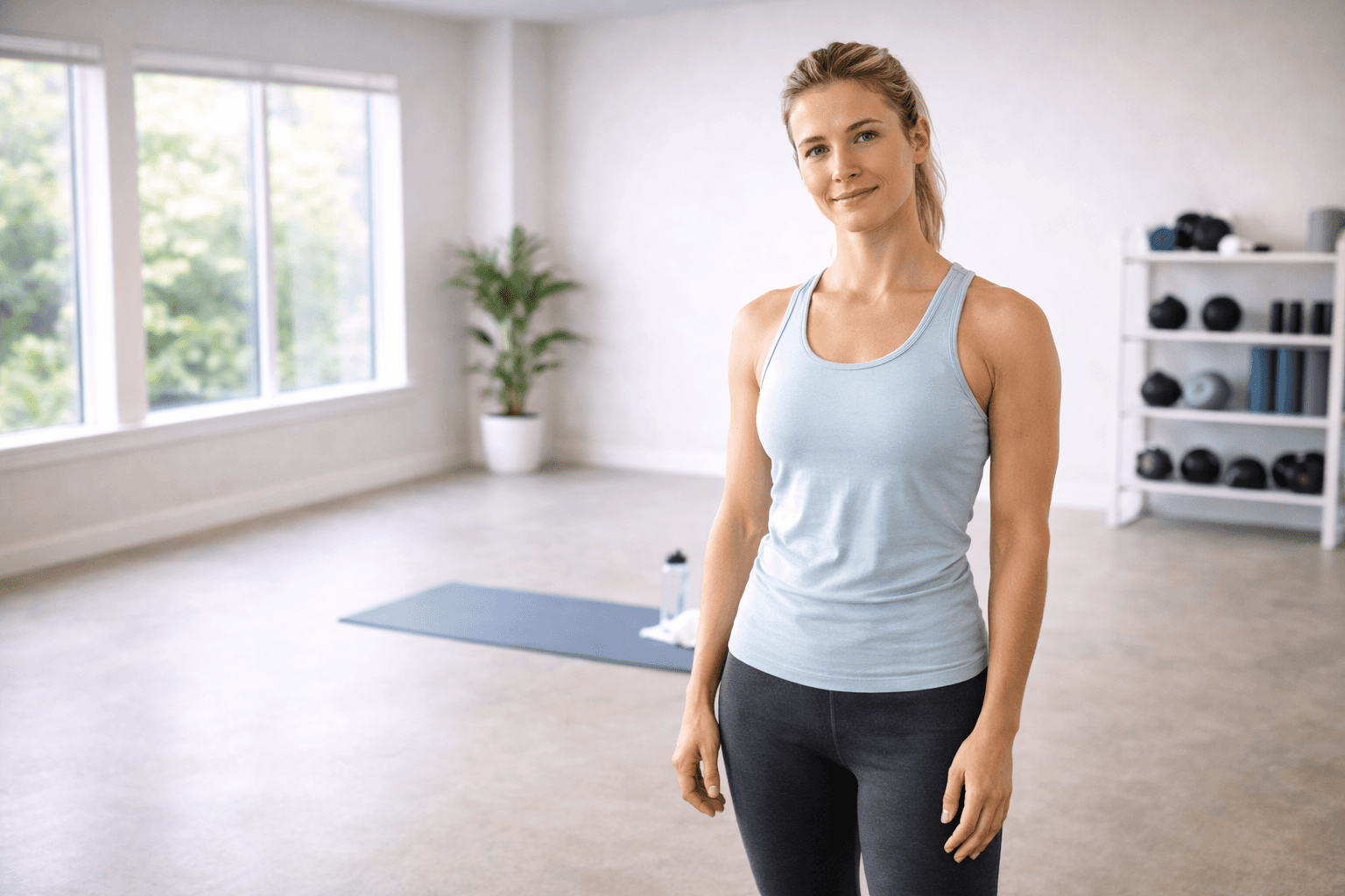 Fit woman in a light blue tank top standing in a bright, minimalist fitness studio with a yoga mat in the background.
