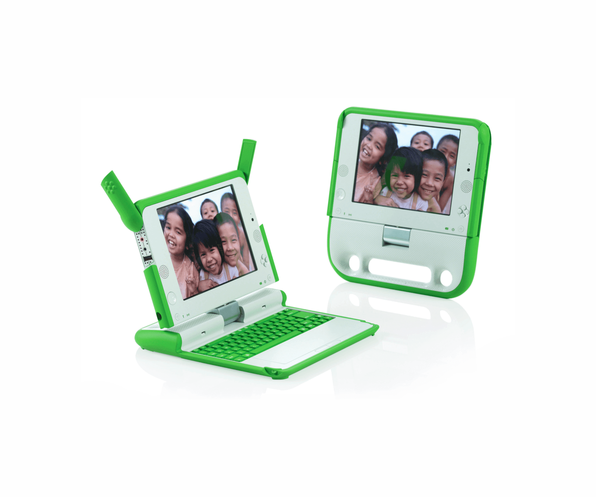 Inexpensive laptop for children. White and green.