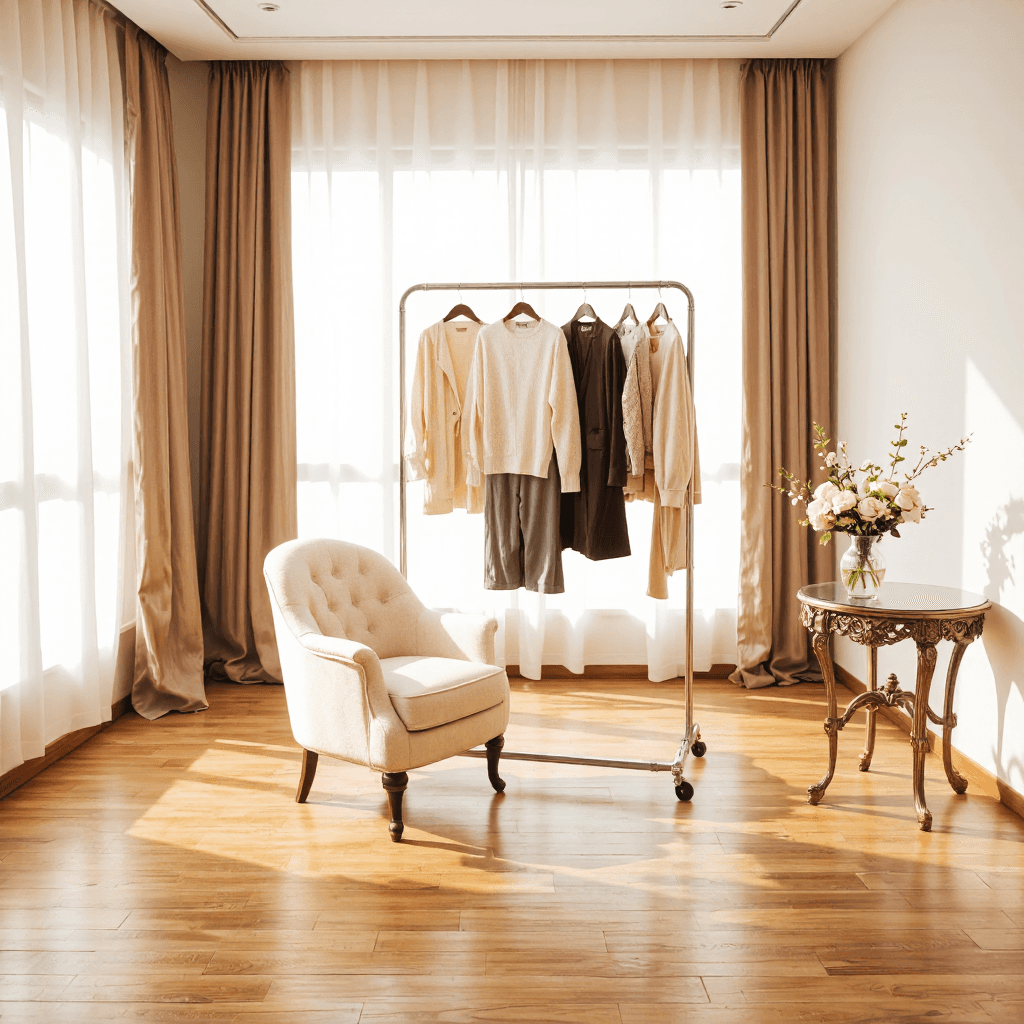 product photography of Fashionable clothing items on a portable rack