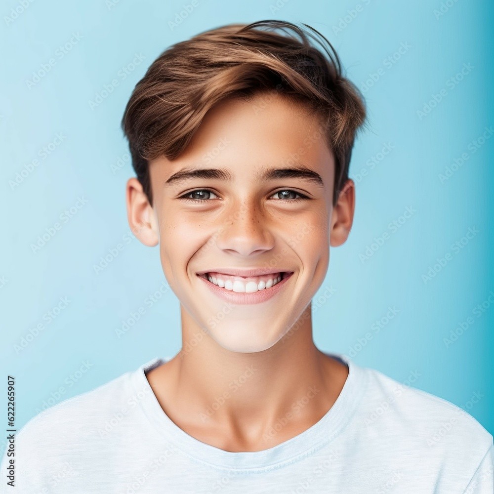 A male high school student in front of a blue background