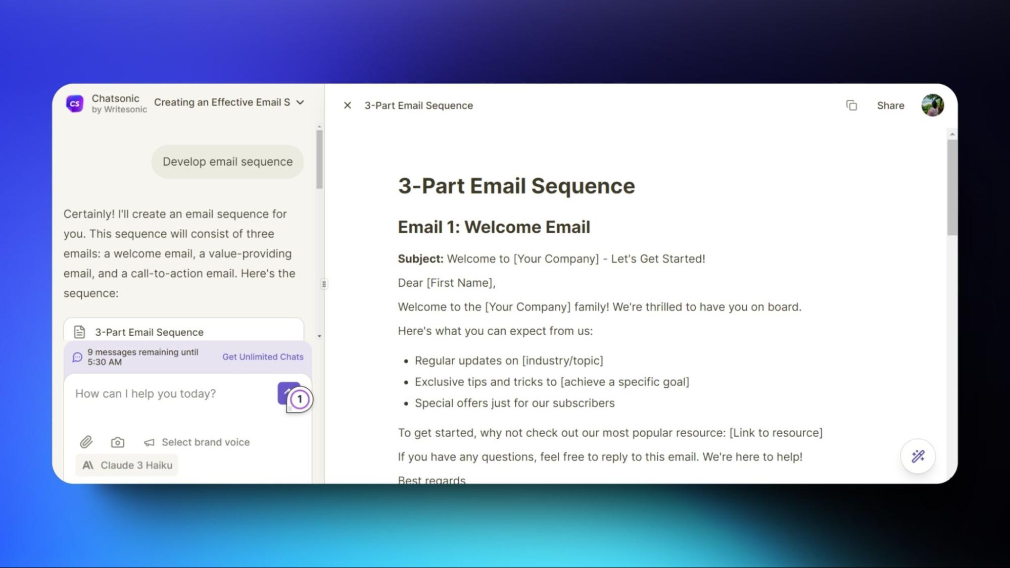 Screenshot of ChatSonic by Writesonic, creating a 3-part email sequence with a welcome email template, engaging the user with customer-friendly content.