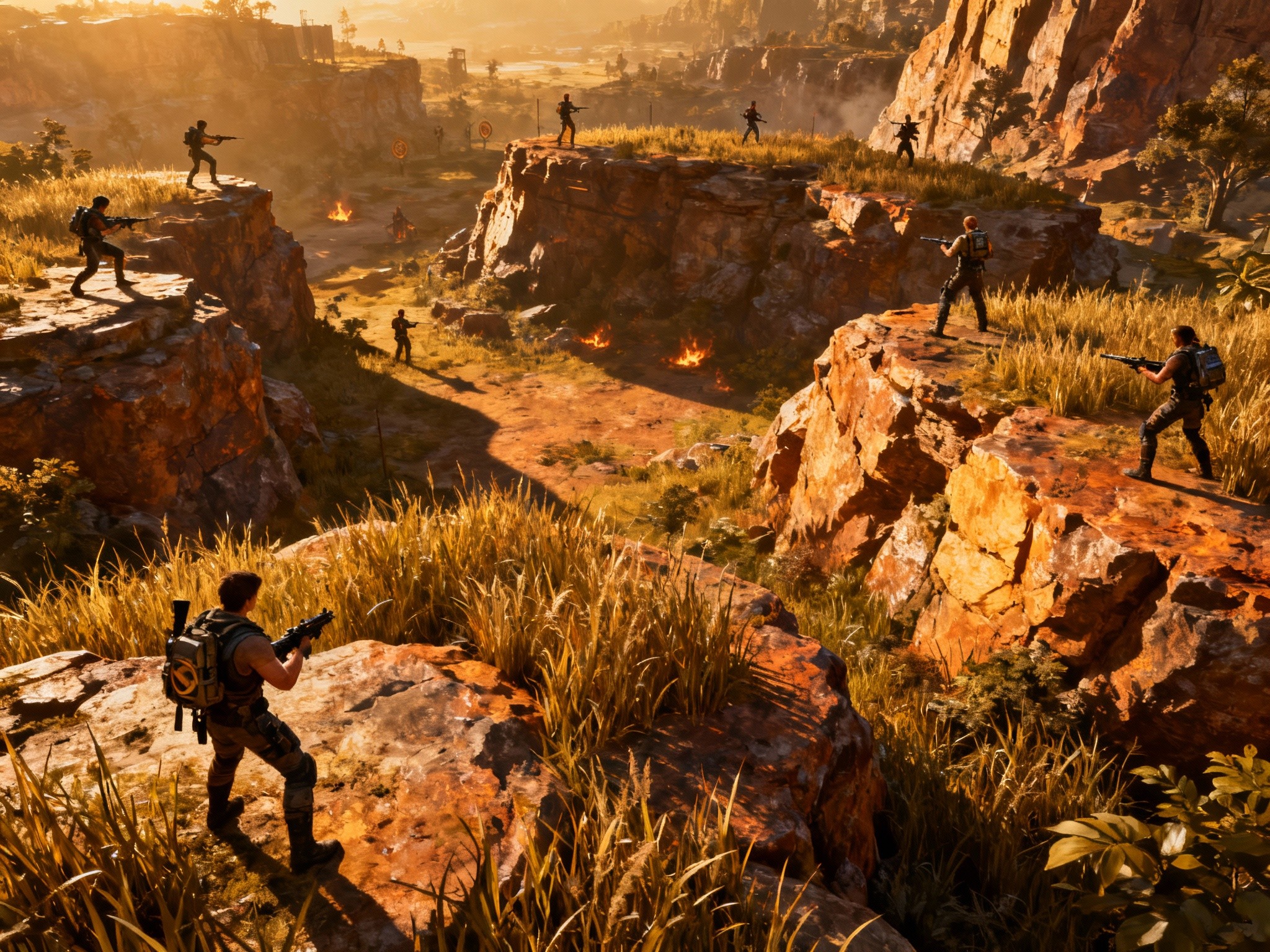An intense scene depicting a sprawling Hunger Games simulator battleground at golden hour