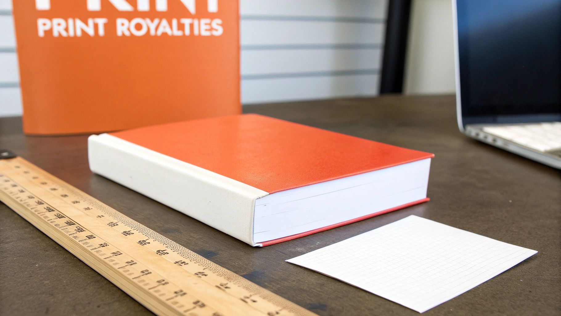A close-up shot of a desk with an orange book, a wooden ruler, grid paper, and a laptop.