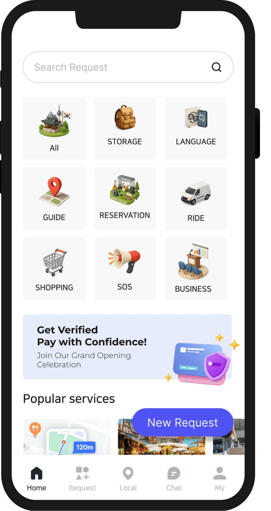 Mobile app home screen showing local service categories such as Storage, Language, Guide, Reservation, Ride, Shopping, SOS, and Business, with a search bar, verification banner, and popular services section. heylocal main home image.