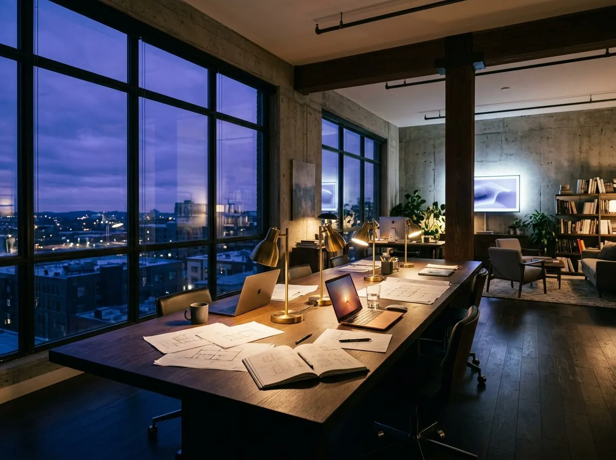 Studio loft at dusk with long desks, warm desk lamps and a city view through tall windows