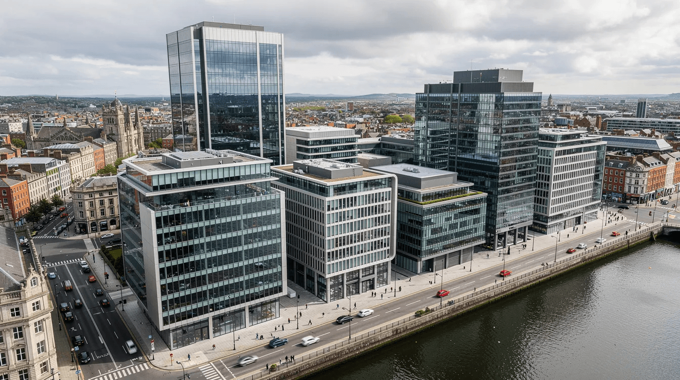 Vue aérienne du quartier d'affaires de Dublin, mettant en avant des immeubles modernes en verre qui reflètent l'architecture contemporaine de la ville. Cette scène illustre l'environnement dynamique des entreprises en Irlande, où de nombreuses sociétés, y compris des sociétés à responsabilité limitée, prospèrent.