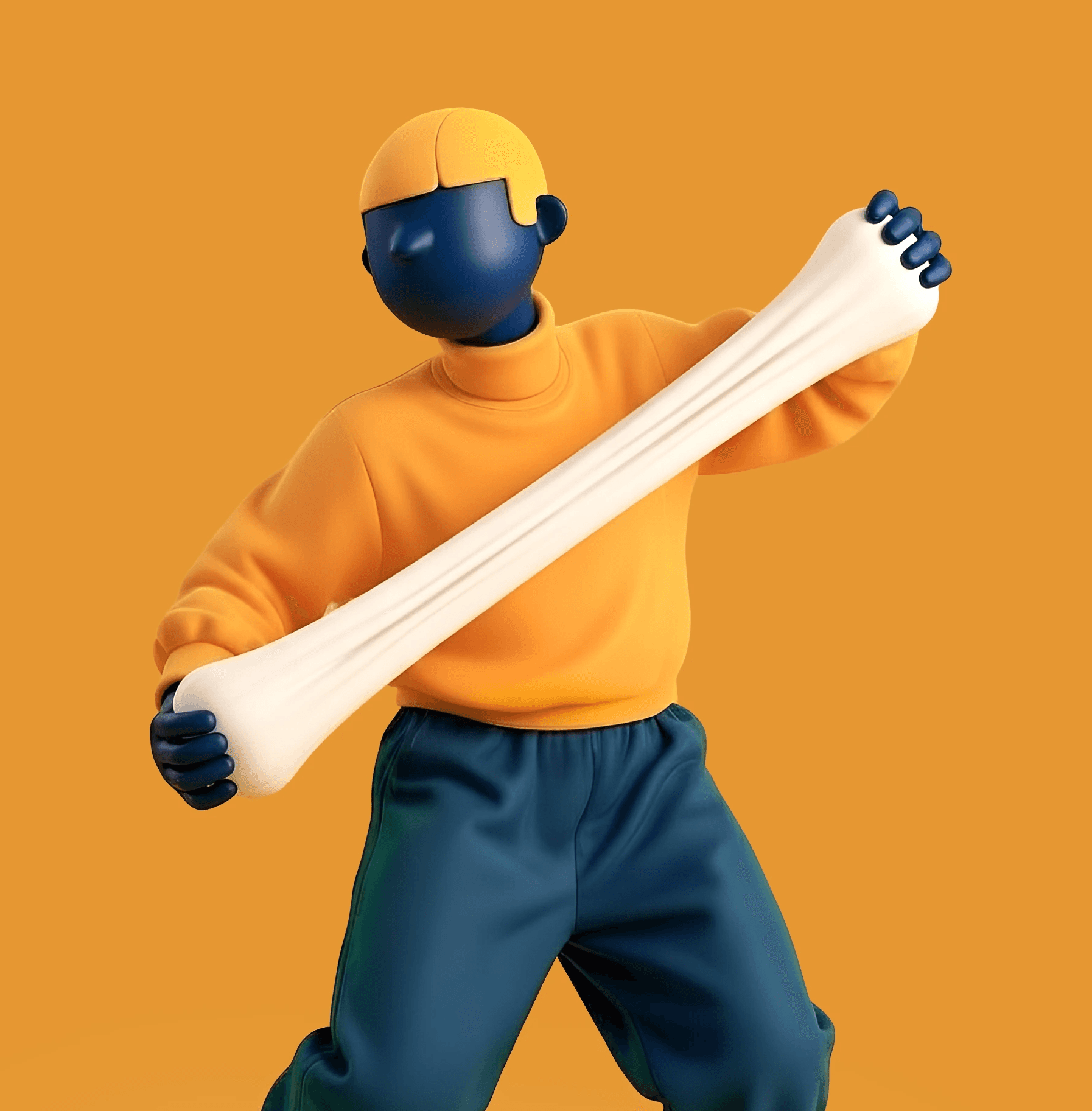 3D render of a stylized cartoon figure stretching a long, white, gooey substance. The figure is blue and orange.