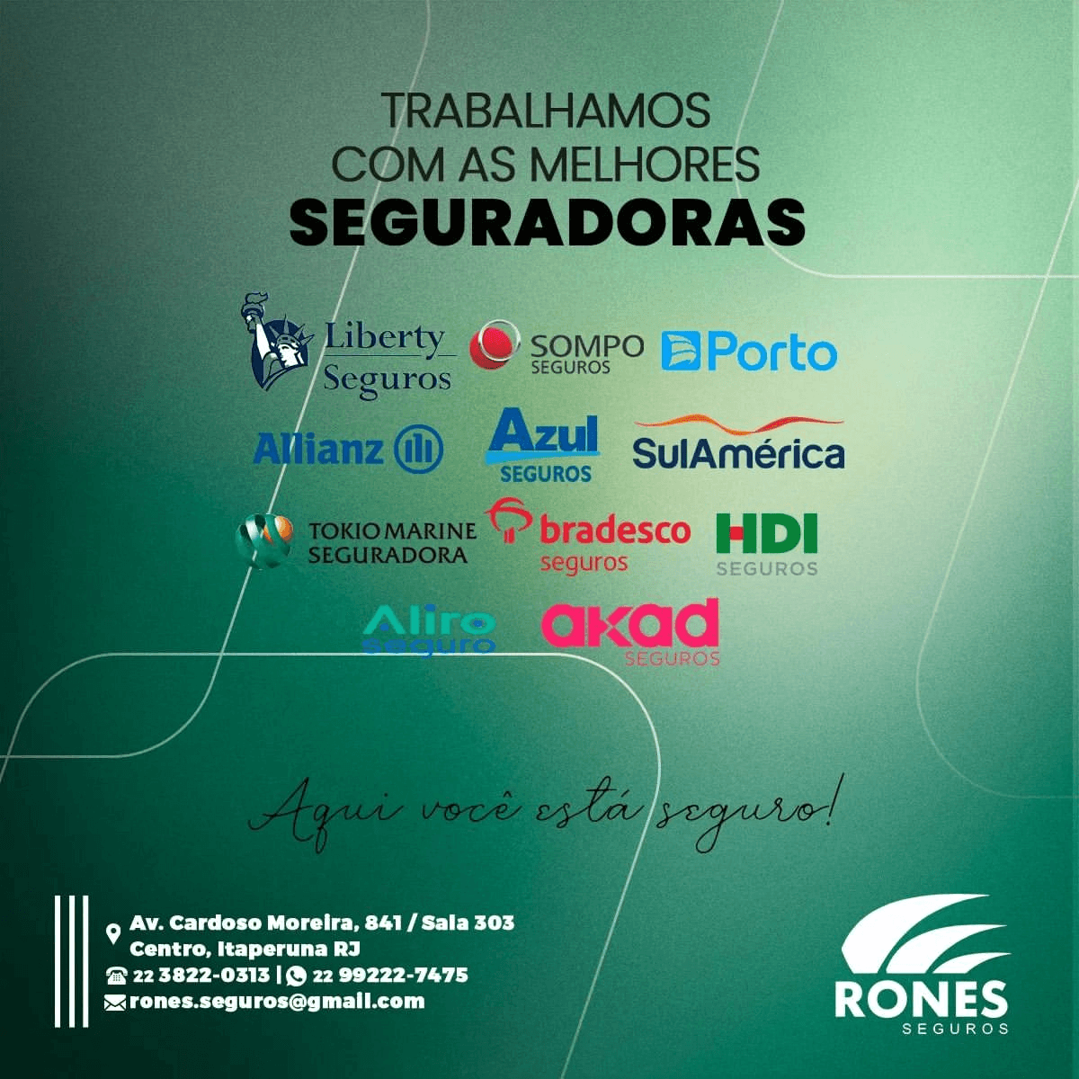 Rones Corretora de Seguros - Trabalhamos com as melhores seguradoras do mercado, incluindo Porto Seguro, Bradesco, SulAmérica, Allianz, HDI e outras. Oferecemos seguros personalizados para atender às suas necessidades com segurança e confiança.