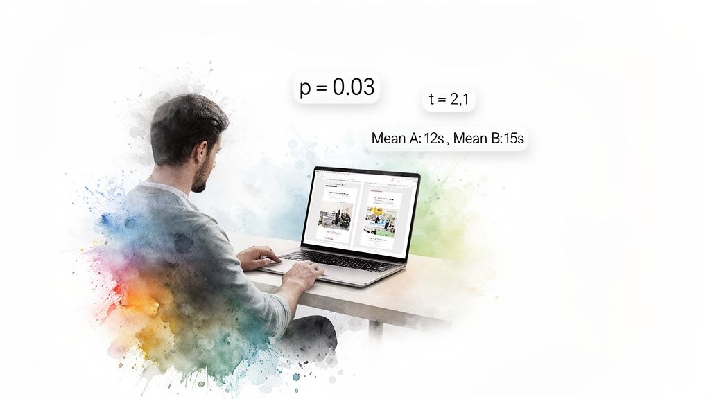 Man analyzing A/B test results on a laptop with statistical metrics like p-value and mean times.