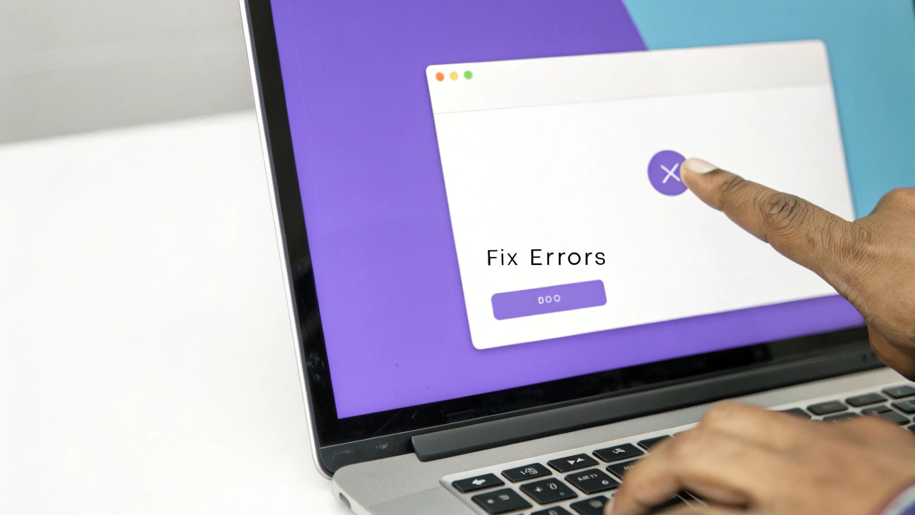 A hand points at a laptop screen displaying a 'Fix Errors' pop-up window with an X button.