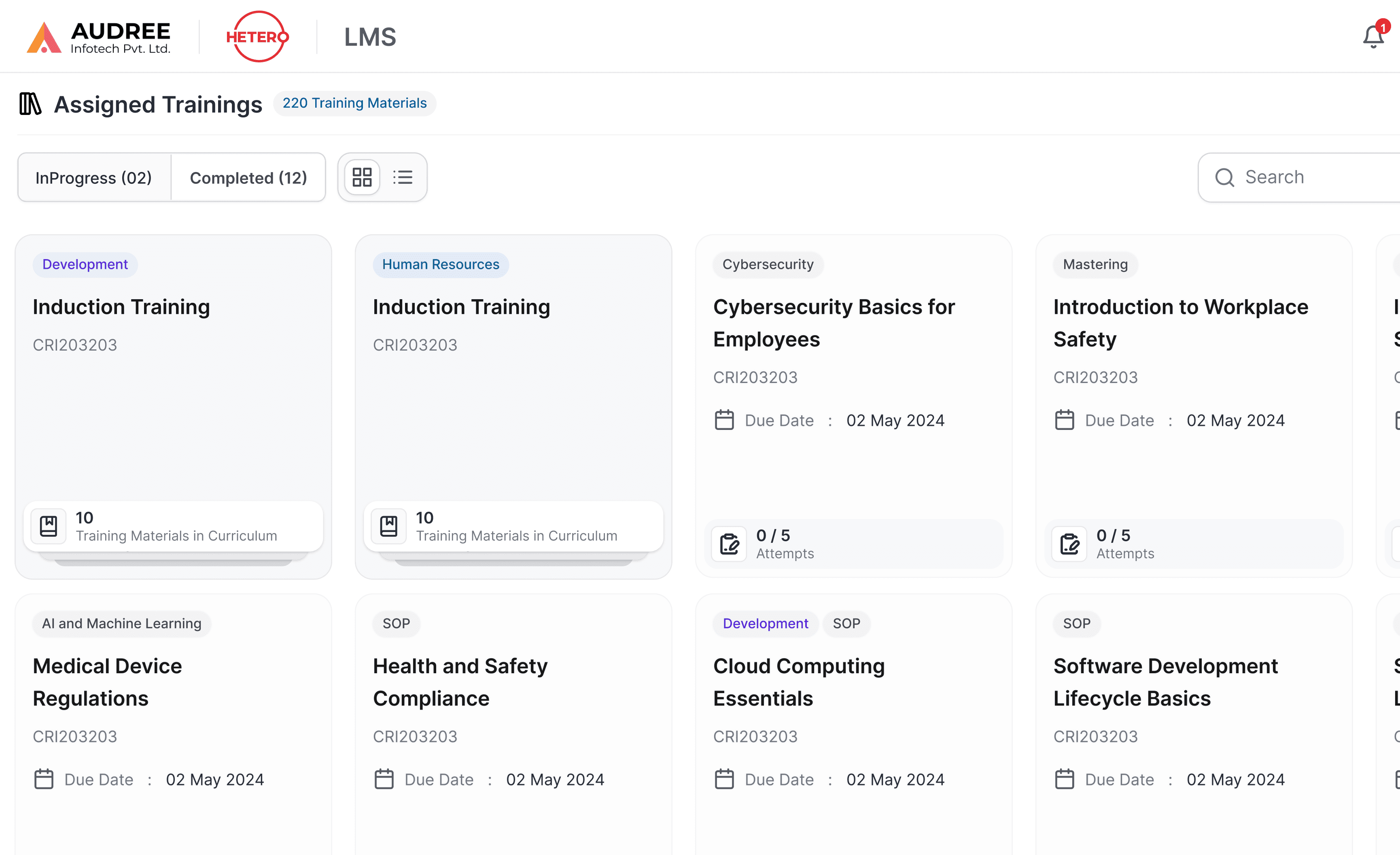LMS assigned training screen
