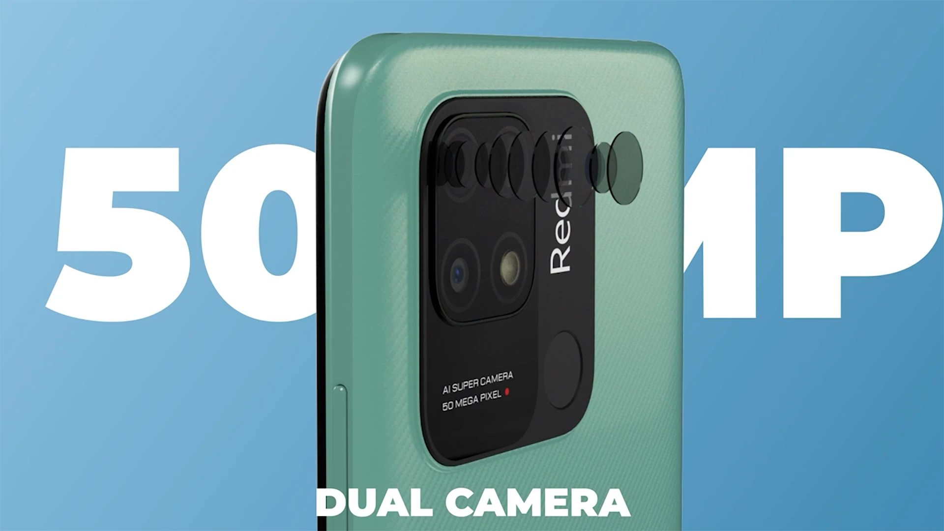 Close-up 3D render highlighting Redmi 10 camera module
