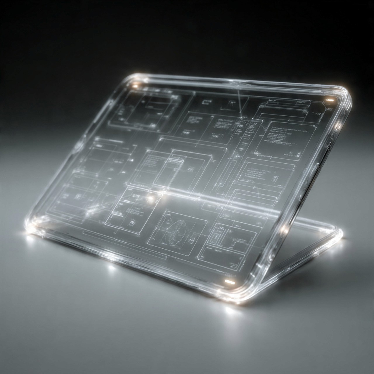 Futuristic glass tablet displaying a glowing blueprint-like interface against a dark background. It conveys a sleek, modern, and high-tech aesthetic.