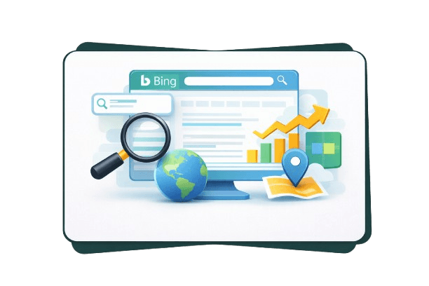 Illustration of Bing search engine showing a dashboard with search results, growth chart, globe, and location pin inside a floating card.