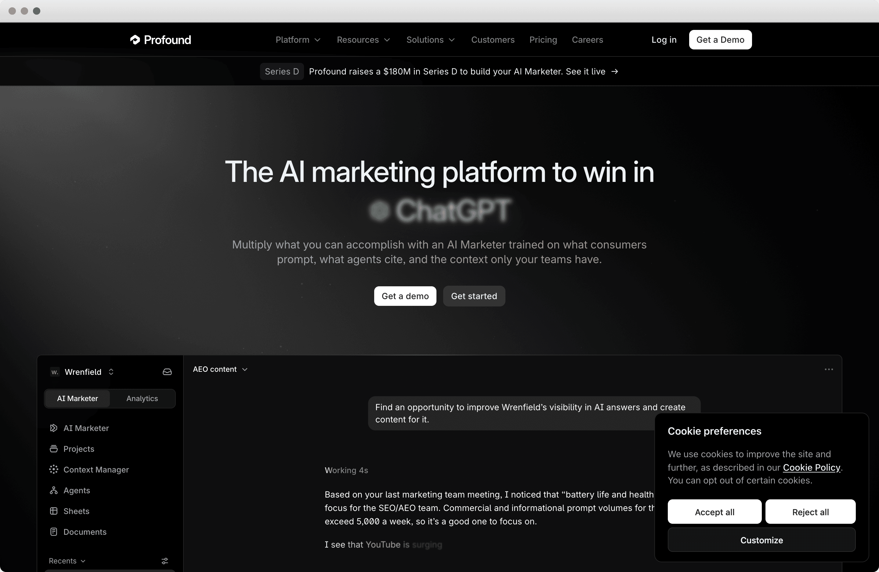 Profound platform page showing citation analysis and answer engine insights