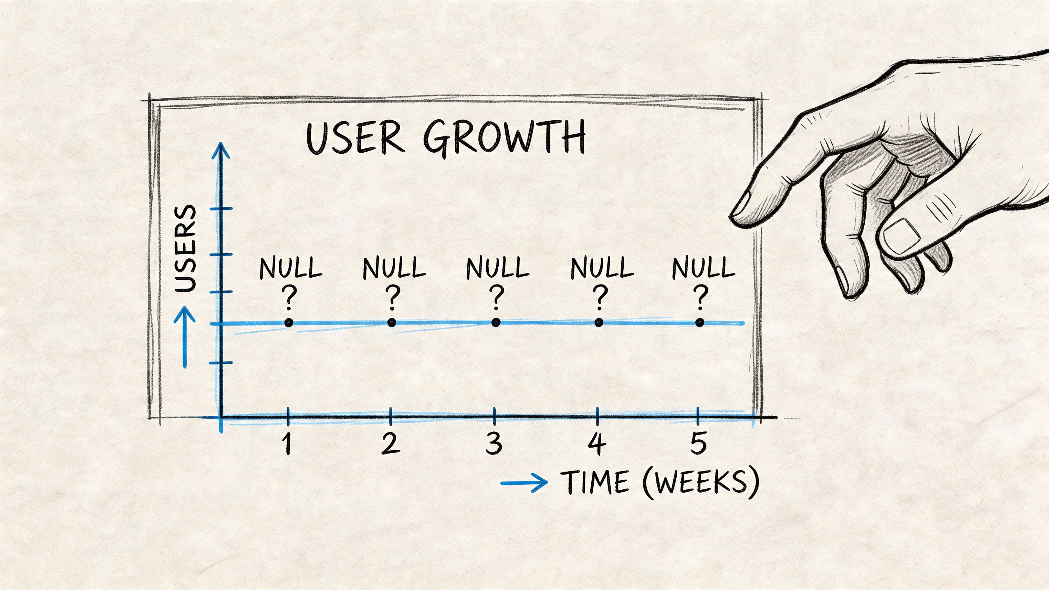 A hand points at a graph labeled user growth with null question marks over five weeks.