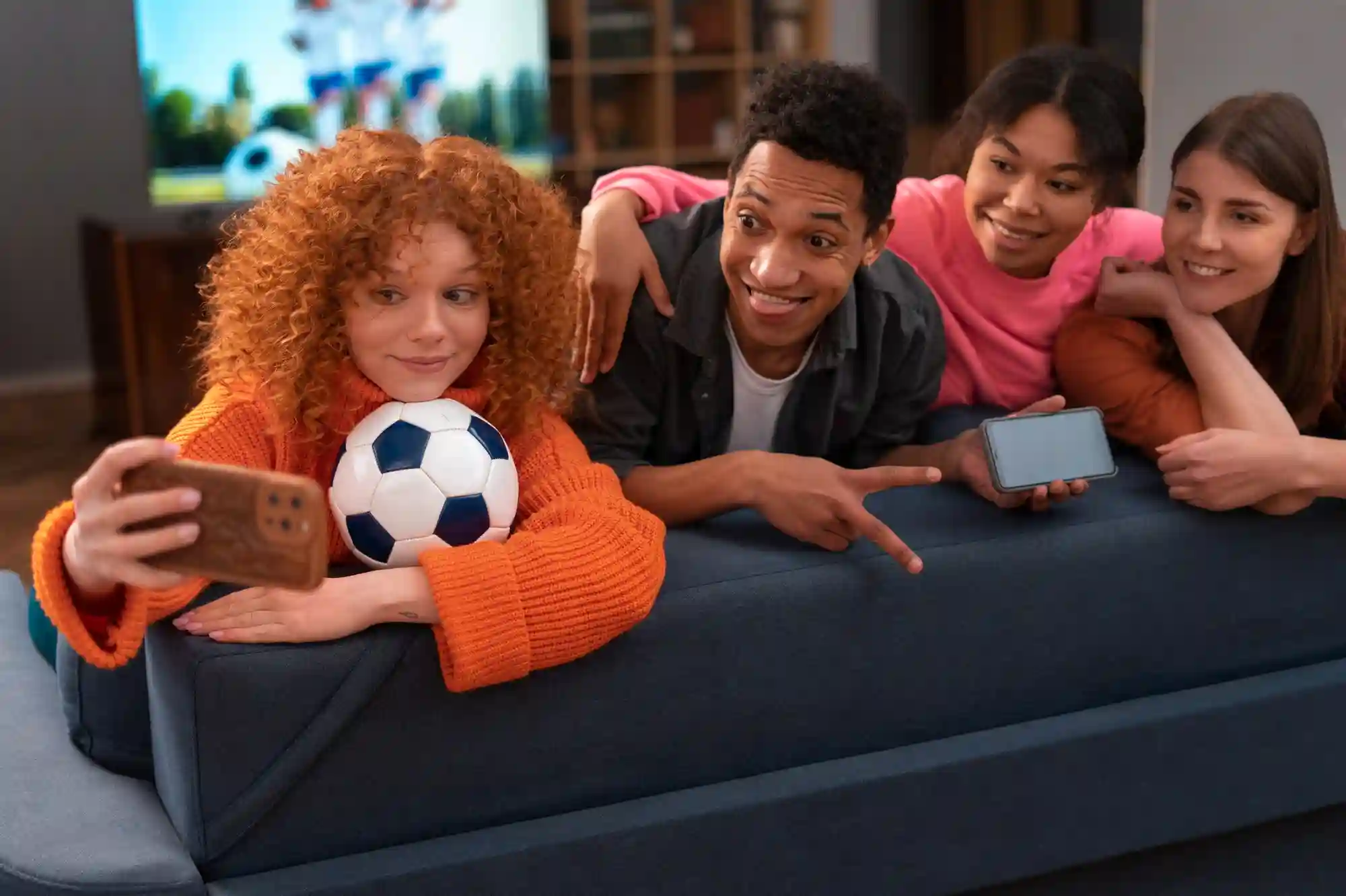 Diverse group of friends joyfully watching a soccer match while using mobile apps to track live game statistics.