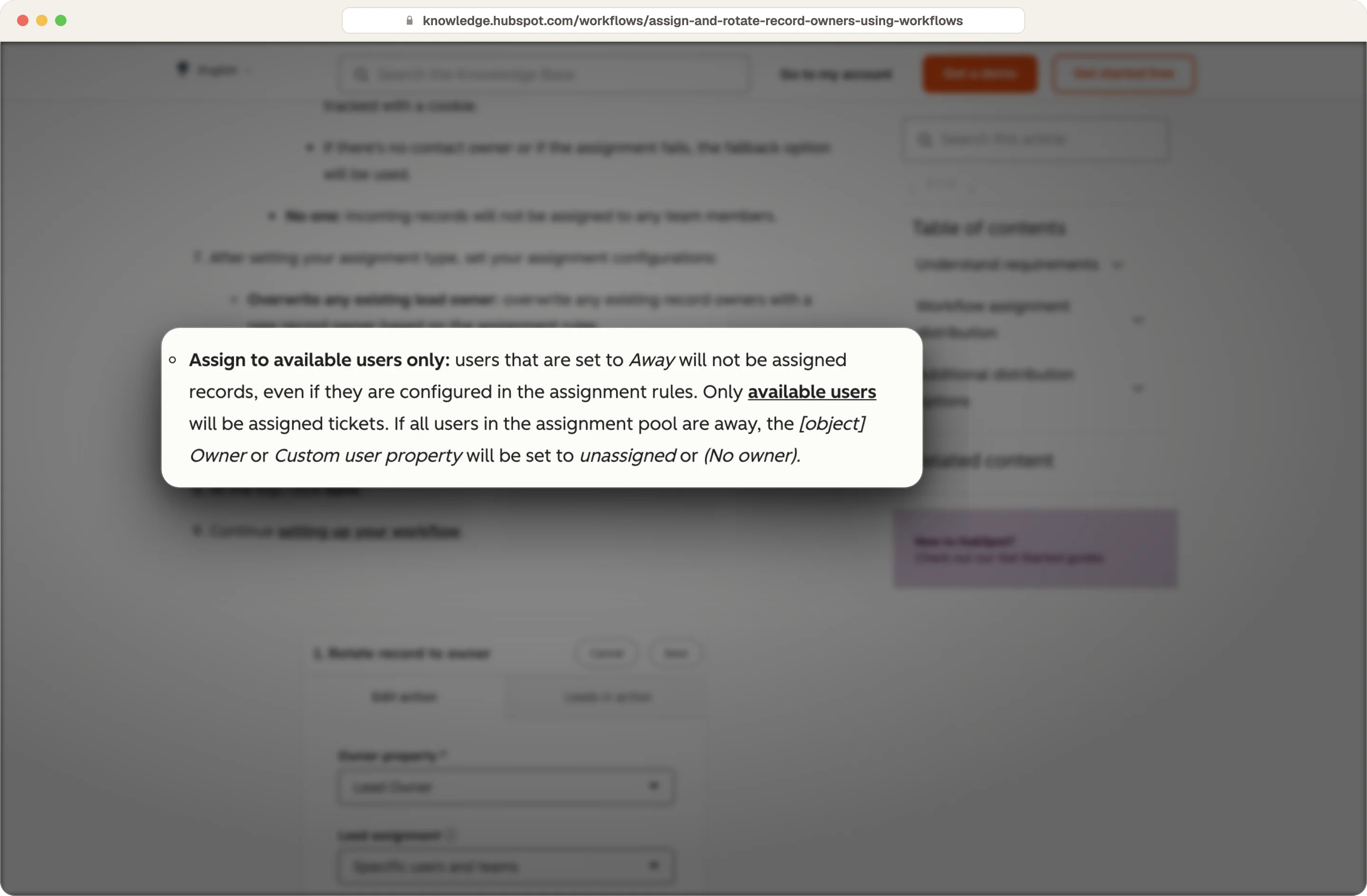 HubSpot knowledge base noting users set to Away will not be assigned records, highlighted on the page