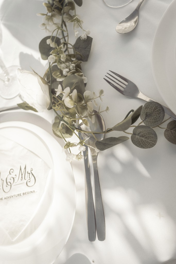 Refined outdoor wedding table setting with delicate greenery garland and elegant silver cutlery — sunlit fine art detail. Table de mariage en extérieur raffinée ornée d’une guirlande végétale et de couverts argentés — détail artistique baigné de lumière naturelle.