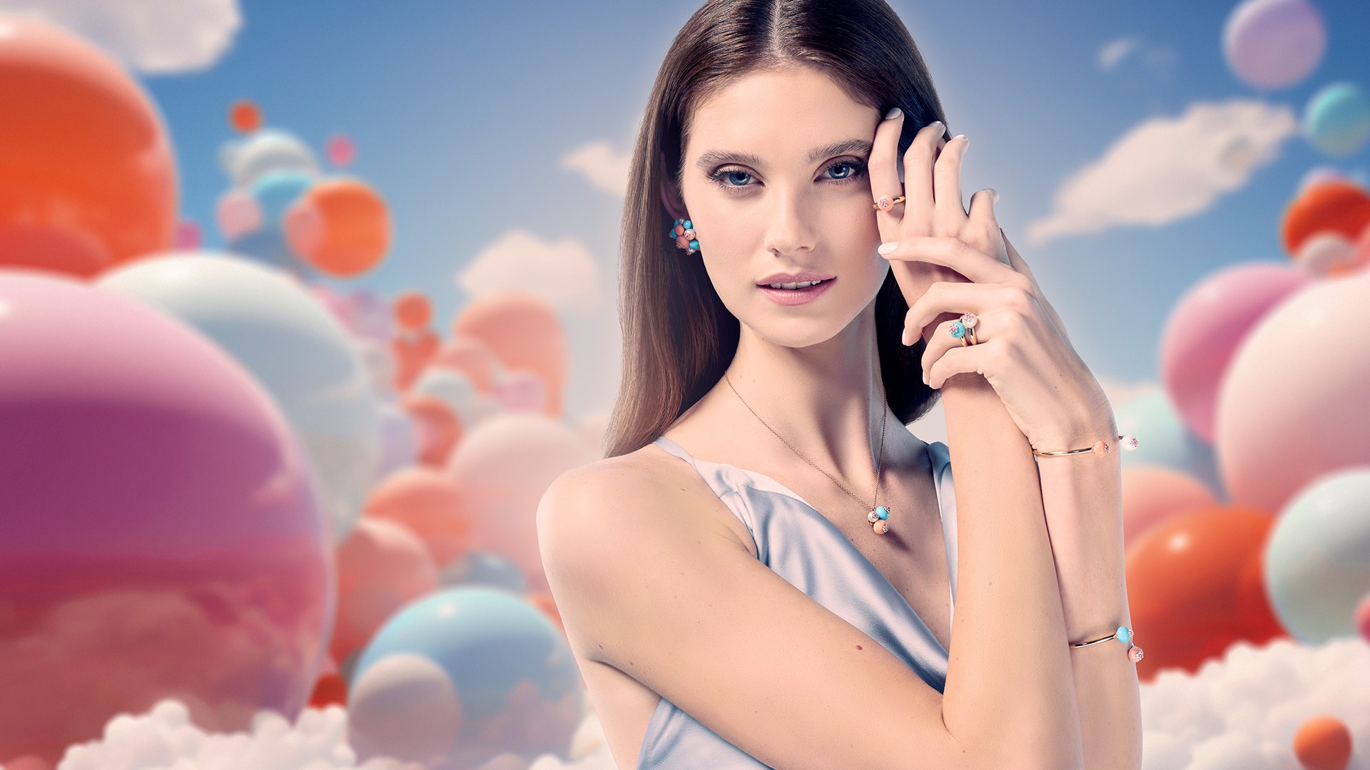 A model wearing David Morris jewlery infront of a AI generated fantasy background