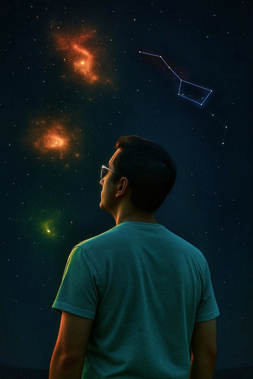 Person looking up at a night-sky scene with soft constellations and warm nebulae—contemplative, exploratory mood.