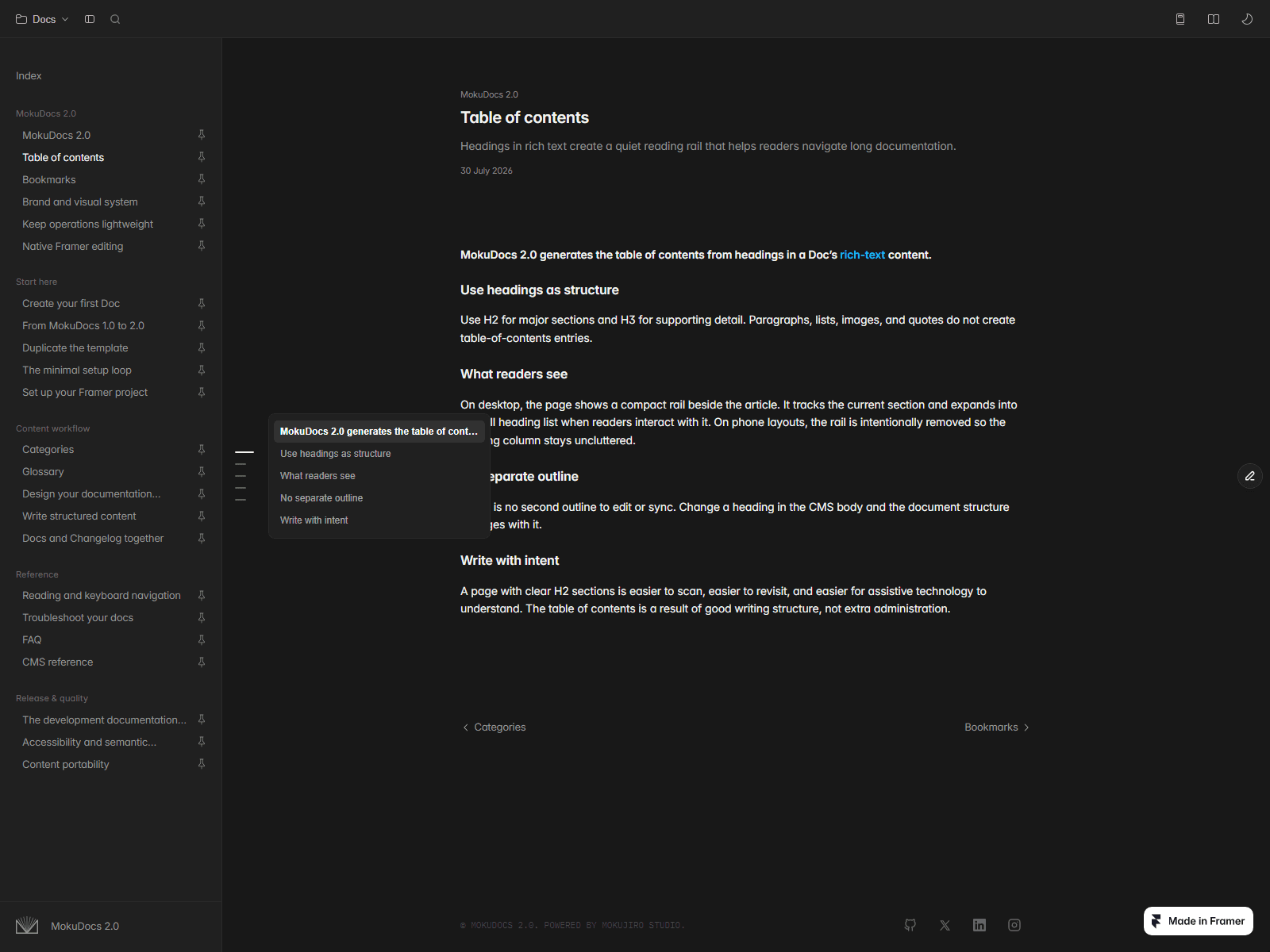 The table of contents dash rail expanded on hover in dark theme, listing the page's headings with the current section highlighted