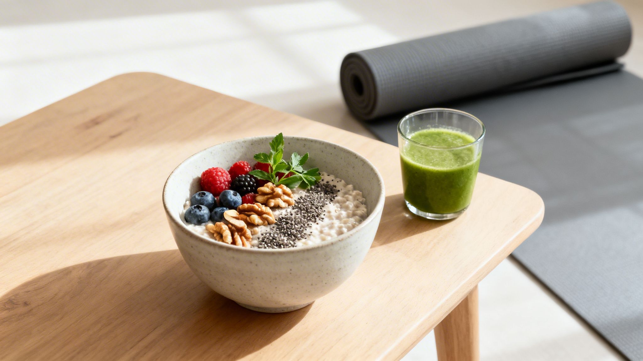 Oatmeal bowl with fresh berries, walnuts, chia seeds, and a green smoothie next to a yoga mat.