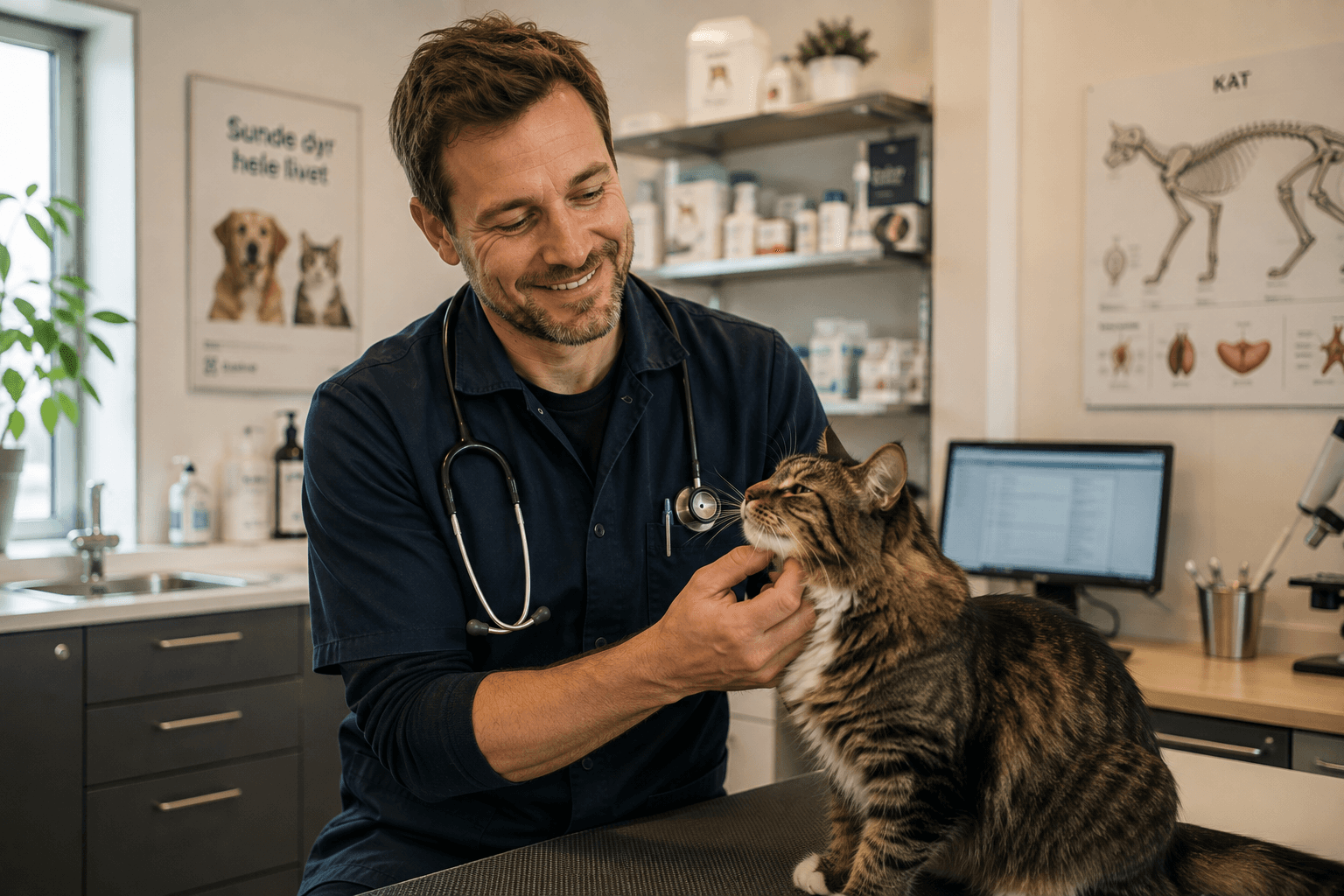 Dyrlæge i hvid kittel med stetoskop undersøger en stribet kat på undersøgelsesbordet på veterinærklinikken.