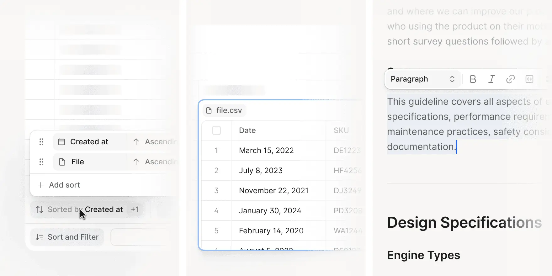 Table sorting and text editing UI.