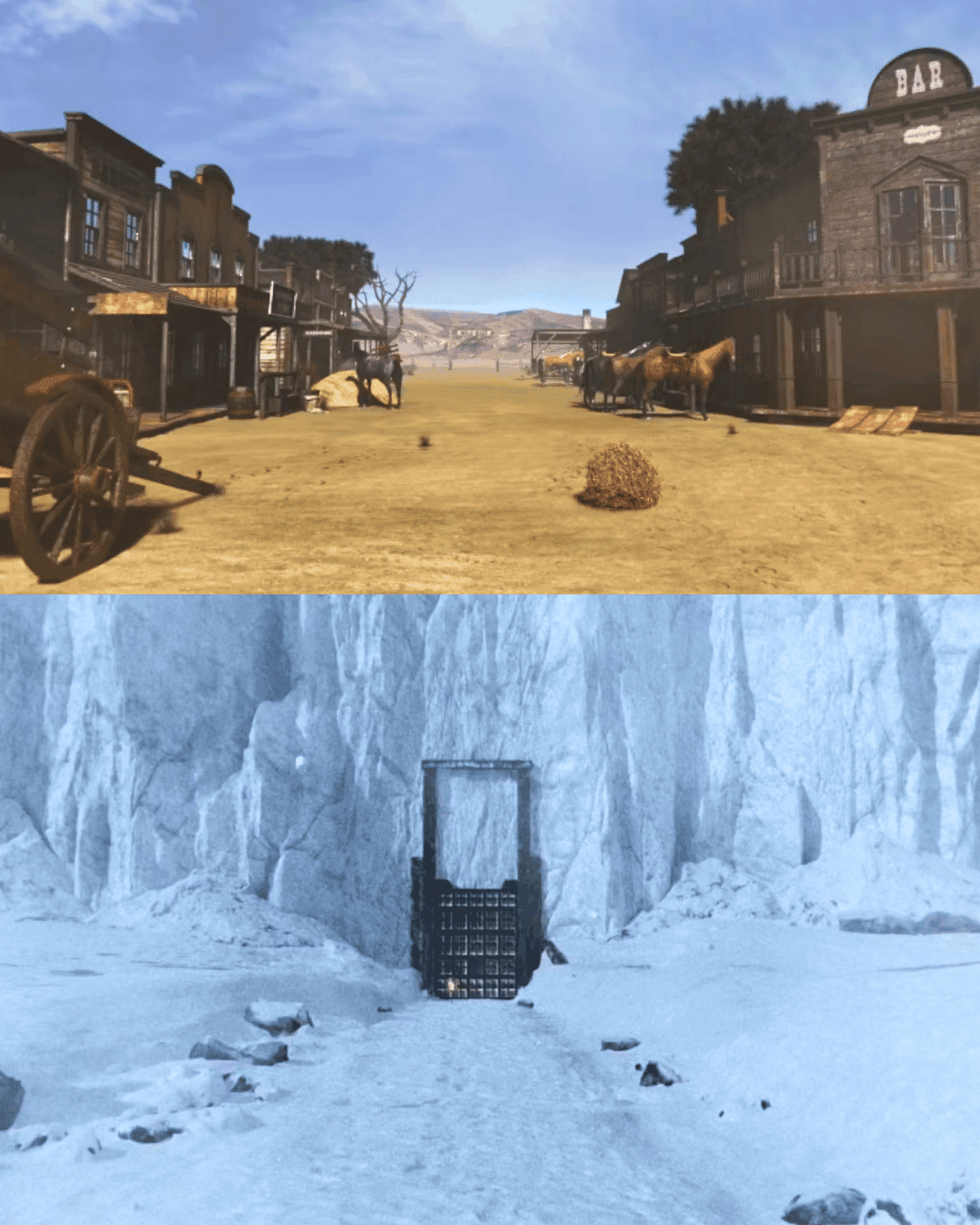 Wild West town above, icy landscape with large gate below.