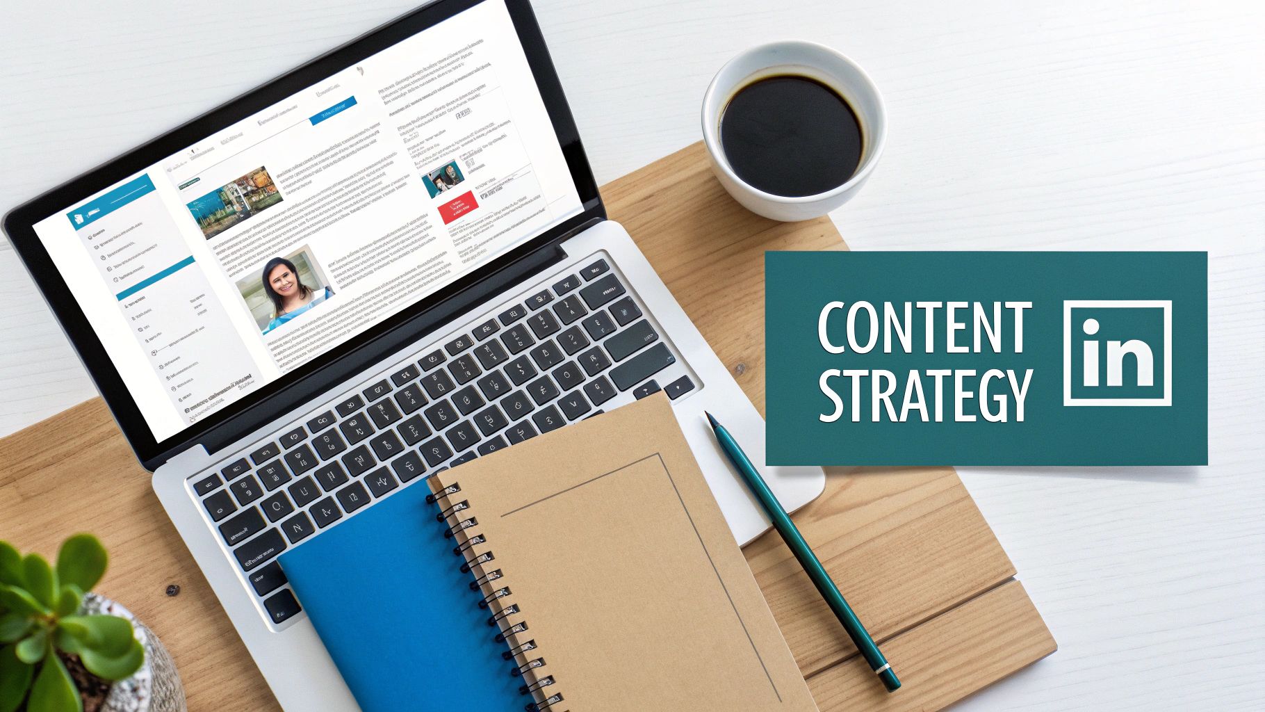 Laptop displaying LinkedIn profile content next to notebooks, coffee, and a 'Content Strategy' graphic.