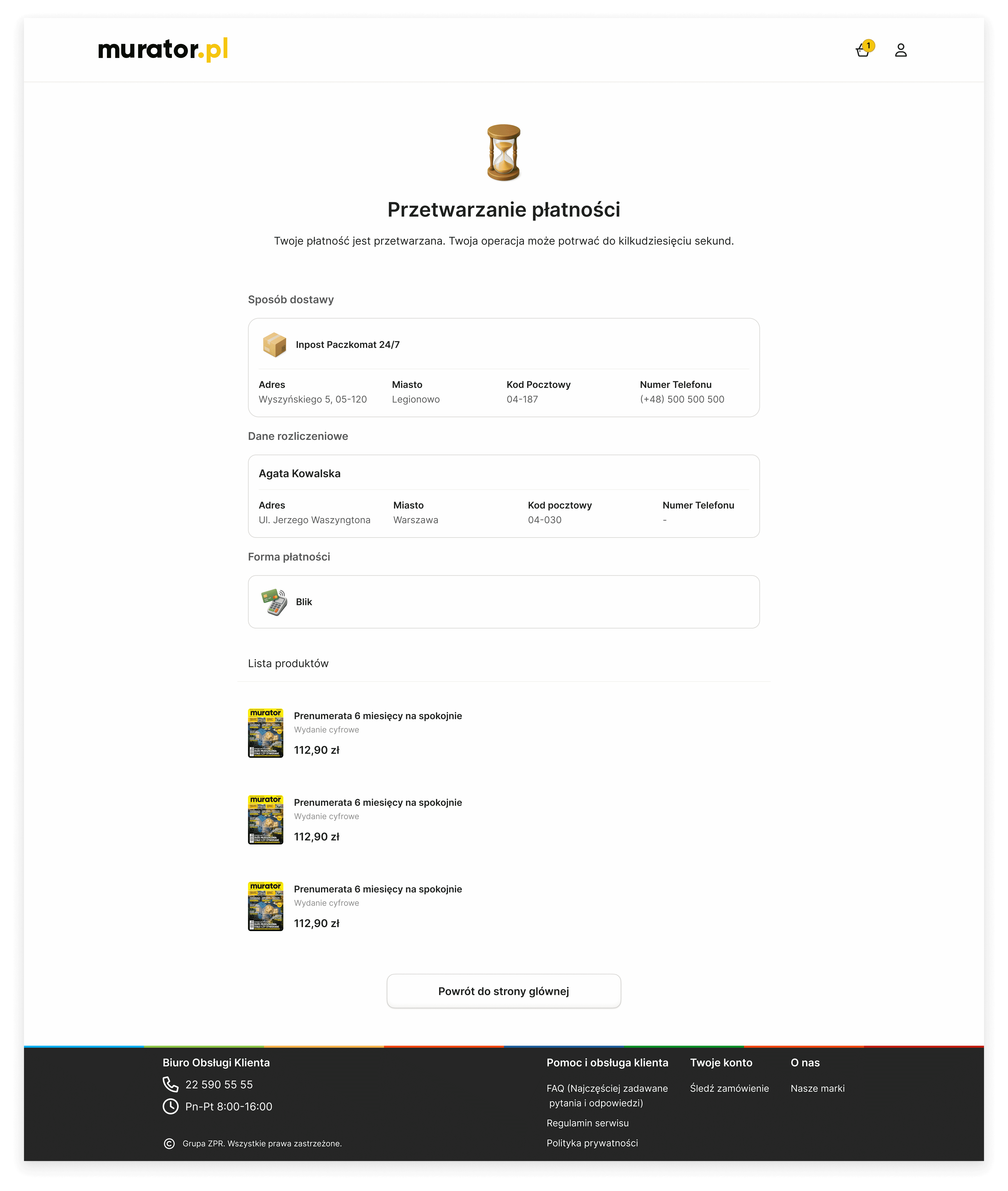 Desktop "Payment Processing" (Przetwarzanie płatności) intermediate screen featuring an animated hourglass icon, informing the user that the transaction may take a few moments while displaying the delivery and billing summaries.