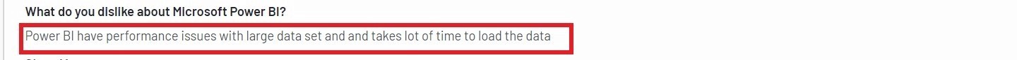 User review noting Power BI performance issues and slow load times with large datasets