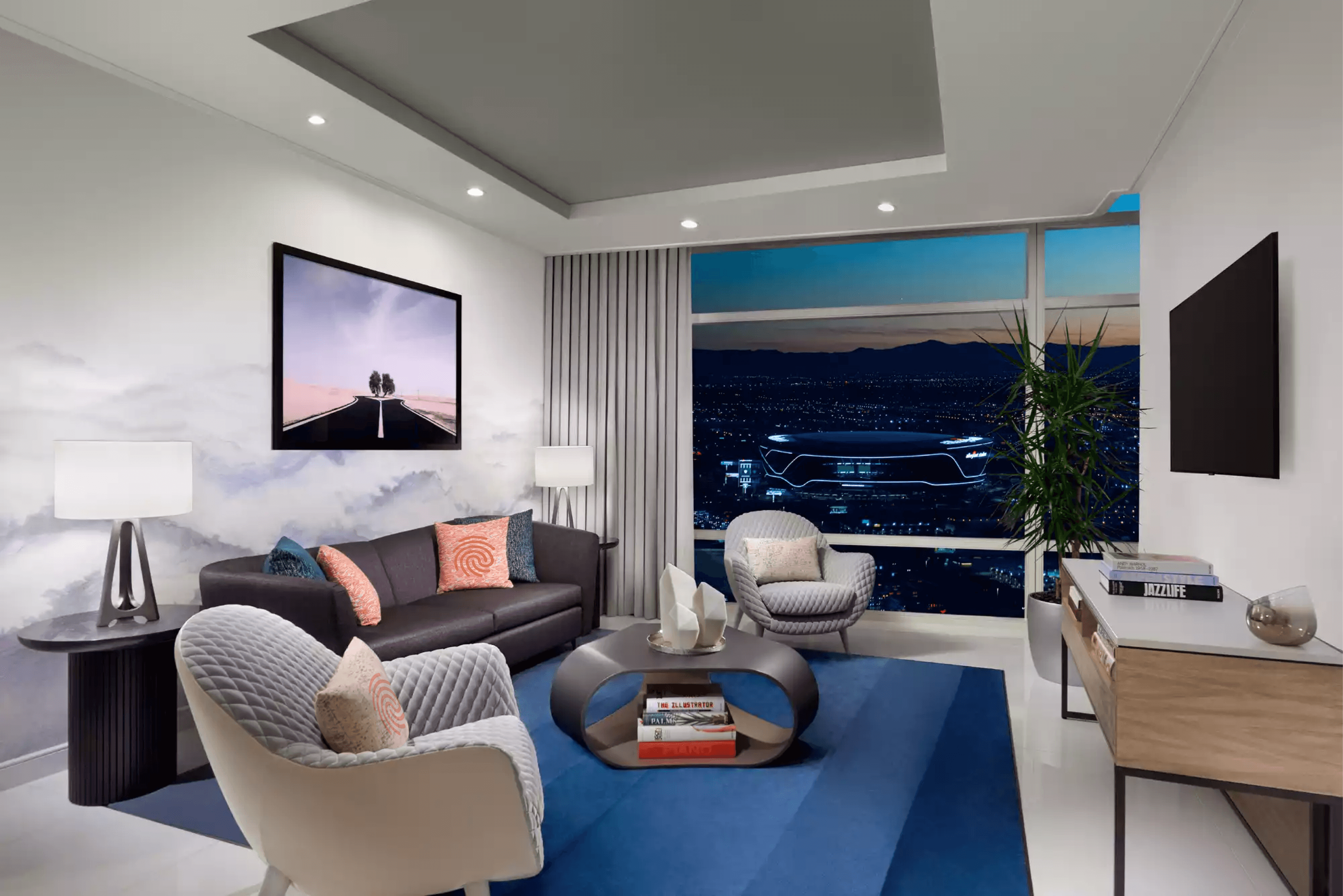 A hotel room well equiped with modern forniture.