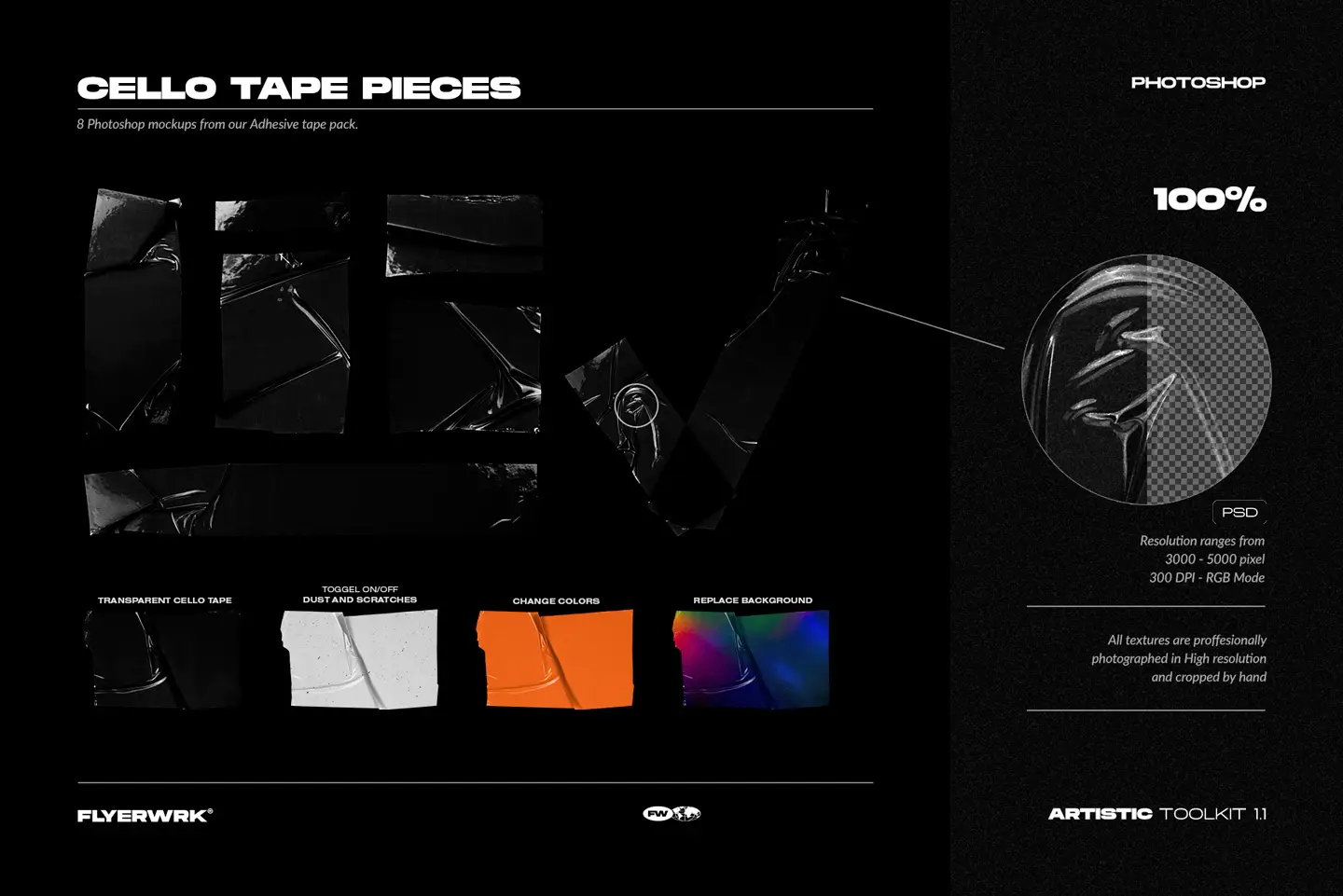 Artistic Toolkit 1 cello tape PSD mockup showing transparent textures with adjustable colors and backgrounds
