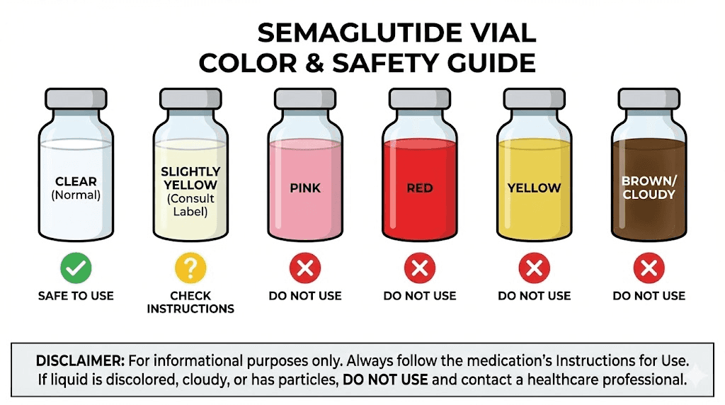 Semaglutide color safety chart from clear to brown with safe vs unsafe indicators