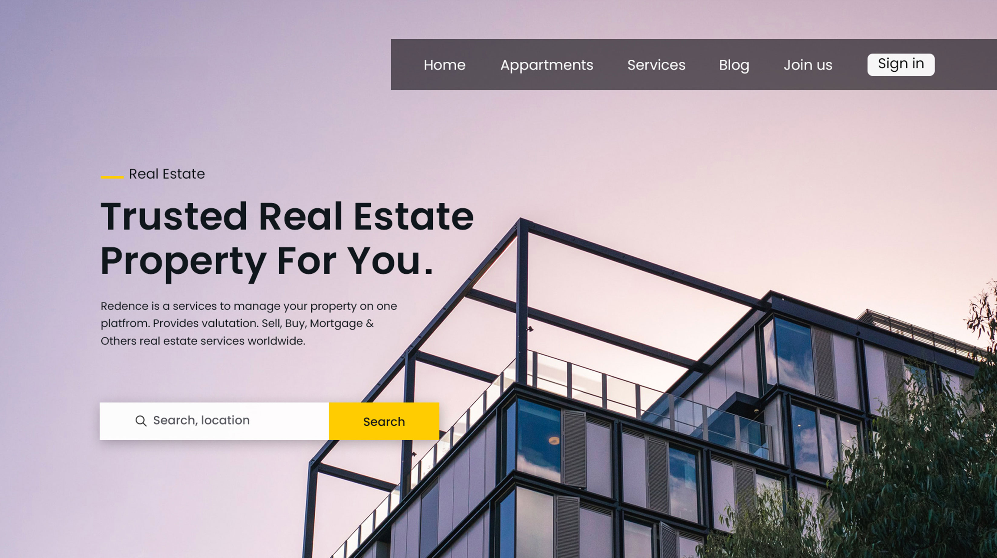 Real estate company's homepage design featuring intuitive UI and property navigation.