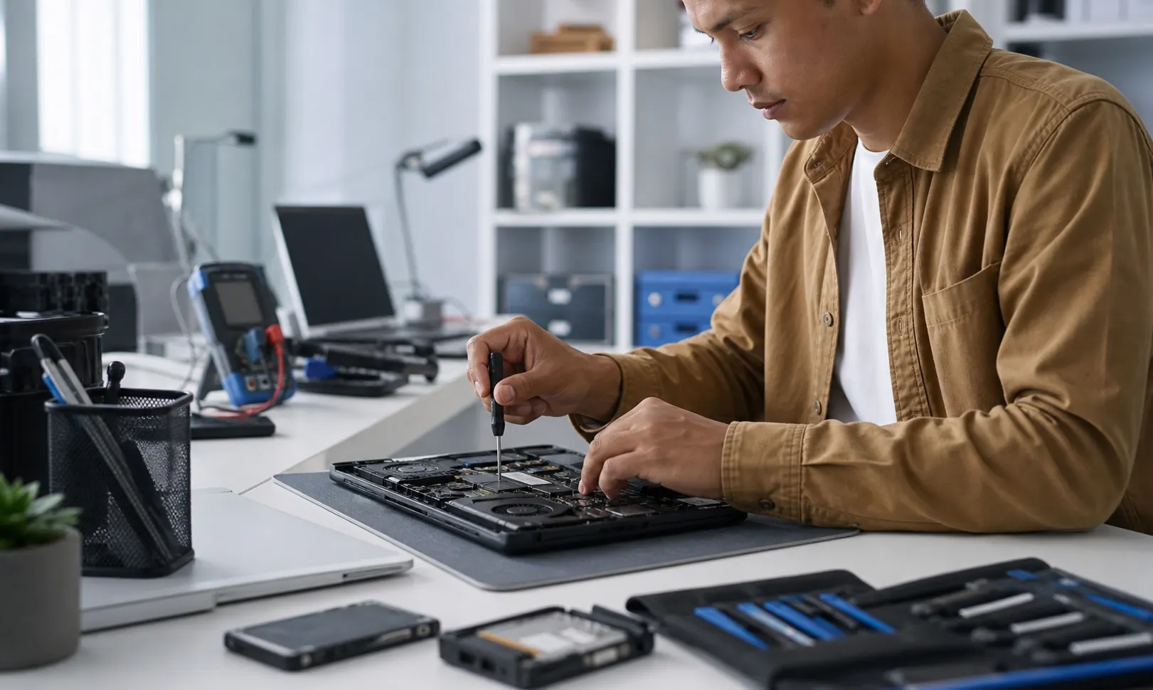 IT technician servicing laptops and devices at a workbench