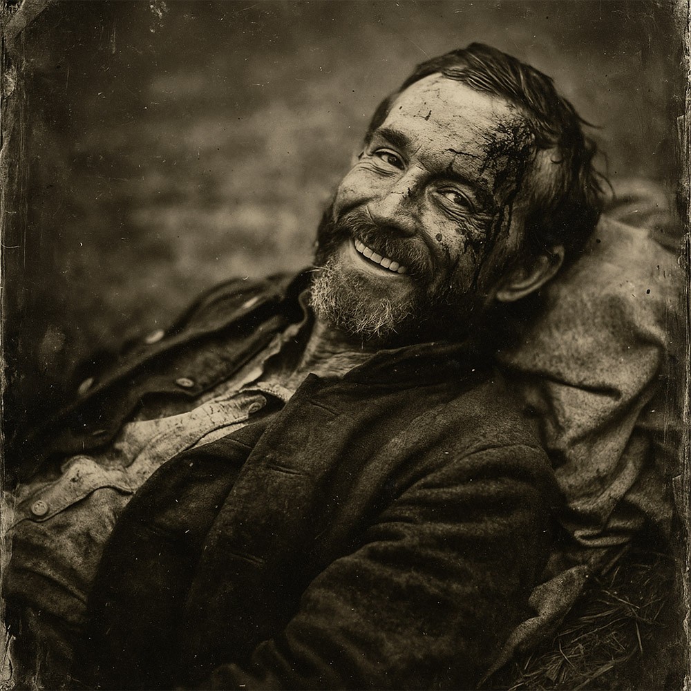 A vintage tintype photo showing Chamberlain smiling and looking at the camera.