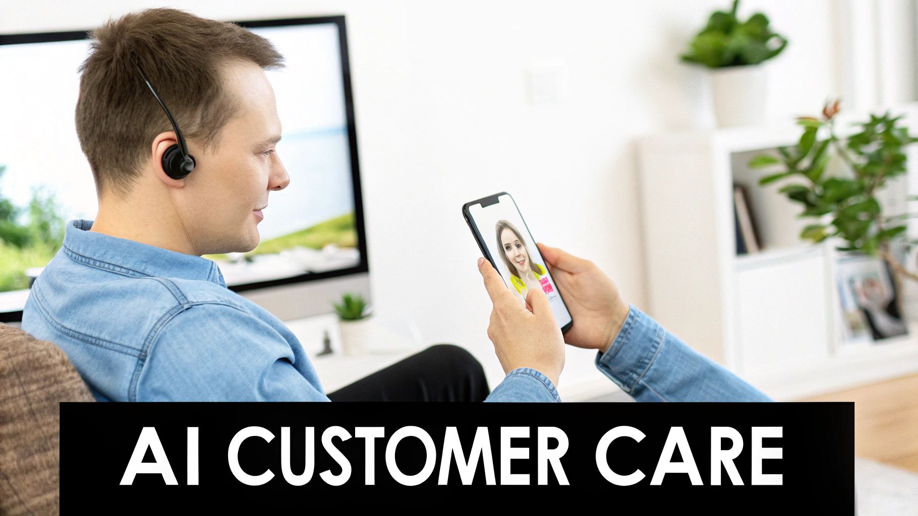 A man in a headset uses a smartphone with an AI customer care video call, demonstrating digital support.