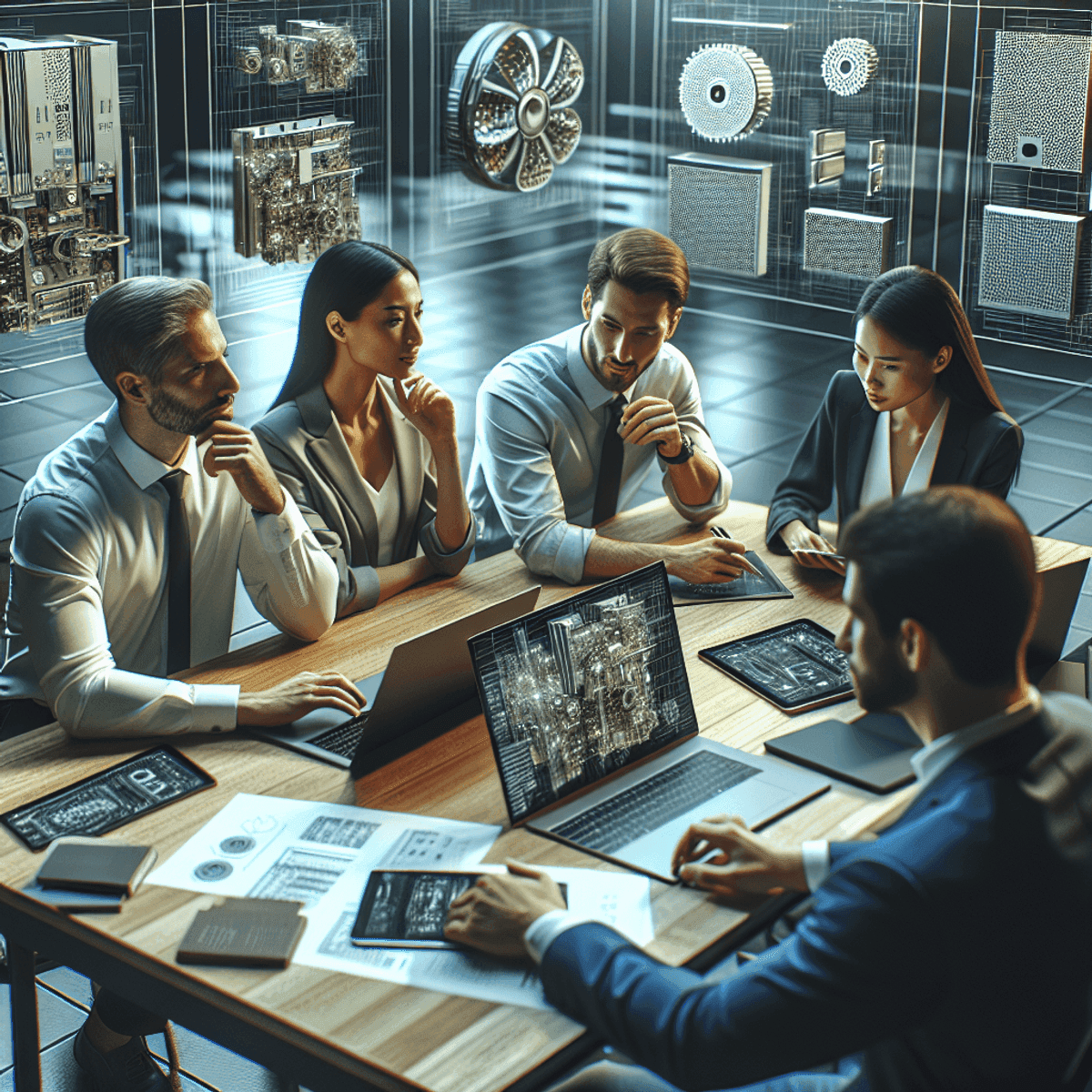 Business professionals collaborating in a modern conference room, analyzing 3D renderings of hardware components displayed on laptops and tablets.